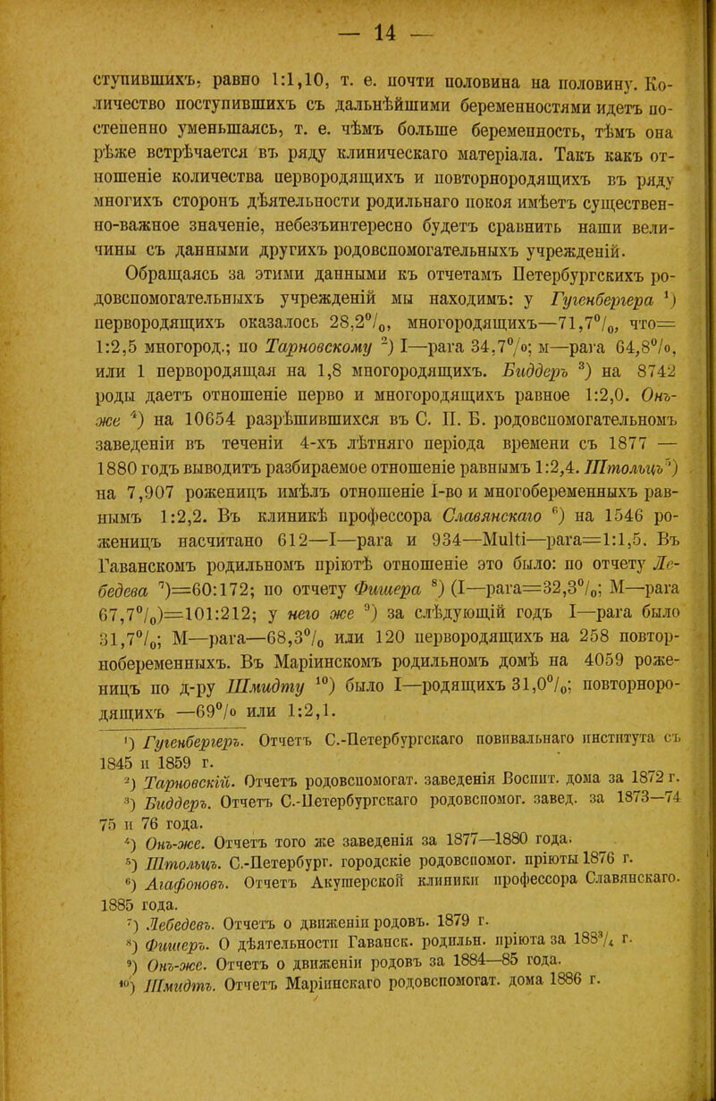 ступившихъ, равно 1:1,10, т. е. дочти половина на половину. Ко- личество поступившихъ съ дальнѣйшими беременностями идетъ по- степенно уменьшаясь, т. е. чѣмъ больше беременность, тѣмъ она рѣже встрѣчается въ ряду клиническаго матеріала. Такъ какъ от- ношеніе количества первородяш.ихъ и повторнородяш,ихъ въ ізяду многихъ сторонъ дѣятельности родильнаго покоя имѣетъ существен- но-важное значеніе, небезъинтересно будетъ сравнить наши вели- чины съ данными другихъ родовспомогательныхъ учрежденій. Обращаясь за этими данными къ отчетамъ Петербургскихъ ро- довспомогательныхъ учрежденій мы находимъ: у Гугенбергера *) первородящихъ оказалось 28,2®/о, многородящихъ—71,7°/о, что= 1:2,5 многород.; по Тарновскому I—рага 34,77»; м—рага б4,8®/о, или 1 первородящая на 1,8 многородящихъ. Биддеръ 7 на 8742 роды даетъ отношеніе перво и многородящихъ равное 1:2,0. Онъ- же '7 на 10654 разрѣшившихся въ С. П. Б. родовспомогательномъ заведеніи въ теченіи 4-хъ лѣтняго періода времени съ 1877 — 1880 годъ выводитъ разбираемое отношеніе равнымъ 1:2,4. Штольцъ^) на 7,907 роженицъ имѣлъ отношеніе І-во и многобеременныхъ рав- нымъ 1:2,2. Въ клиникѣ профессора Славянскаго 7 на 1546 ро- женицъ насчитано 612—I—рага и 934—МпШ—рага=1:1,5. Въ Гаванскомъ родильномъ пріютѣ отношеніе это было: по отчету Ле- бедева 7=60:172; по отчету Фишера 7 (I—рага=32,3°/о; М—рага 67,7“/о)=101:212; у него же 7 за слѣдующій годъ I—рага было 31,7/о; М—рага—68,37о или 120 первородящихъ на 258 повтор- нобеременныхъ. Въ Маріинскомъ родильномъ домѣ на 4059 роже- ницъ по д-ру Шмидту ^7 было I—родящихъ 31,07о; повторноро- дящихъ —69®/о или 1:2,1. ') Гугенберіеръ. Отчетъ С.-Петербургскаго повпва.іьнаго пнстптута съ 1845 и 1859 г. Тариовскій. Отчетъ родовспомогат. заведенія Поспит, дома за 1872 г. П Биддеръ. Отчетъ С.-Петербургскаго родовспомог. завед. за 1873—74 75 и 76 года. Онъ-же. Отчетъ того лее заведенія за 1877—1880 года. Штольцъ. С.-Петербург, городскіе родовспомог. пріюты 1876 г. ®) Аіафоновъ. Отчетъ Акушерской клиники профессора Славянскаго. 1885 года. ) .Чебедевъ. Отчетъ о движеніи родовъ. 1879 г. '*) Фишеръ. О дѣятельности Гаванск. родильн. пріюта за 18874 г. ®) Онъ-жс. Отчетъ о движеніи родовъ за 1884—85 года. ‘7 Шмидтъ. Отчетъ Маріинскаго родовспомогат. дома 1886 г.