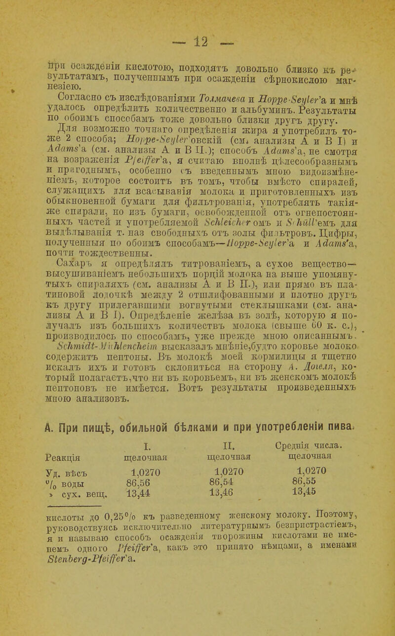 Йри осажденіи кислотою, подходятъ довольно близко къ ре- зультатам^ полученпымъ при осажденіи сѣрнокислою маг- незіею. Согласно съ изслѣдовапіями Толмачена и Еорре-8еуІ.ег'а, и мнѣ удалось определить количественно и альбуминъ. Результаты по обоимь способамъ тоже довольно близки другъ другу. Для возможно точнаго олредѣленія жира я употребилъ то- же 2 способа; Лоі>ре-8еуІег'овск\& (см. анализы А и В I) и Асктз'и (см. анализы А п В II.); способъ Айашз'а, не смотря на возражения Р/еі/7'ег'а, я считаю вполпѣ цѣлесообразньшъ и_ пригодпымъ, особенно гъ введеннымъ мною видоизмѣне- ніемъ, которое состоитъ въ томъ, чтобы вмѣсто спиралей, служащихъ для всагыванія молока и приготовлеиныхъ изъ обыкновенной бумаги для фильтрованія, употреблять такія- же спирали, по изъ бумаги, освобожденной отъ огнепостоян- яыхъ частей и употребляемой ЗсЫеісТіі г омъ и 8'ЫІІ'ешъ для выдѣлывапія т. паз свободныхъ отъ золы фиіьтровъ. Цифры, полученный по обопмъ способамъ— IIорре-8еуІег,а, и Айатз'а,, почти тождественны. Сахаръ я опредѣлялъ титрованіемъ, а сухое вещество— высушиваніемъ небольшихъ порцій молока на выше упомяну- тыхъ спираляхъ (см. анализы А и В ГГ.), или прямо въ пла- тиновой Лолочкѣ между 2 отшлифованными и плотно другъ къ другу прилегавшими вогнутыми стеклышками (см. ана- лизы А и В I). Опредѣлепіе желѣза въ золѣ, которую я по- лучалъ изъ большихъ количествъ молока (свыше ЬО к. е.), производилось по способамъ, уже прежде мною олисаннымъ. 8сЪщійЬ-МііЫепсЬеіт высказалъ мнѣпіе,будто коровье молоко содержитъ пептоны. Въ молокѣ моей кормилицы я тщетно искалъ ихъ и готовь склониться на сторону А. Дошп, ко- торый полагаетъ,что пи въ коровьемъ, ни въ ясенскомъ молокѣ пентоновъ не имѣется. Вотъ результаты произведенныхъ мною анализовъ. А. При пищѣ, обильной бѣлками и при употреблении пива. I. II. Среднія числа. Реакція щелочная щелочная щелочная Уд. вѣсъ 1,0270 1,0270 1,0270 %, воды 86,56 86,54 86,55 сух. вещ. 13,44 13,46 13,45 кислоты до 0,25% къ разведенному женскому молоку. Поэтому, руководствуясь исключительно литературнымъ безпрнстрастіемъ, я и называю способъ осаждснія творожины кислотами не пме- пемъ одного 1>{еі/}ег\ какъ это принято нѣмцами, а именами ЗіепЪегд-РІефг^а.