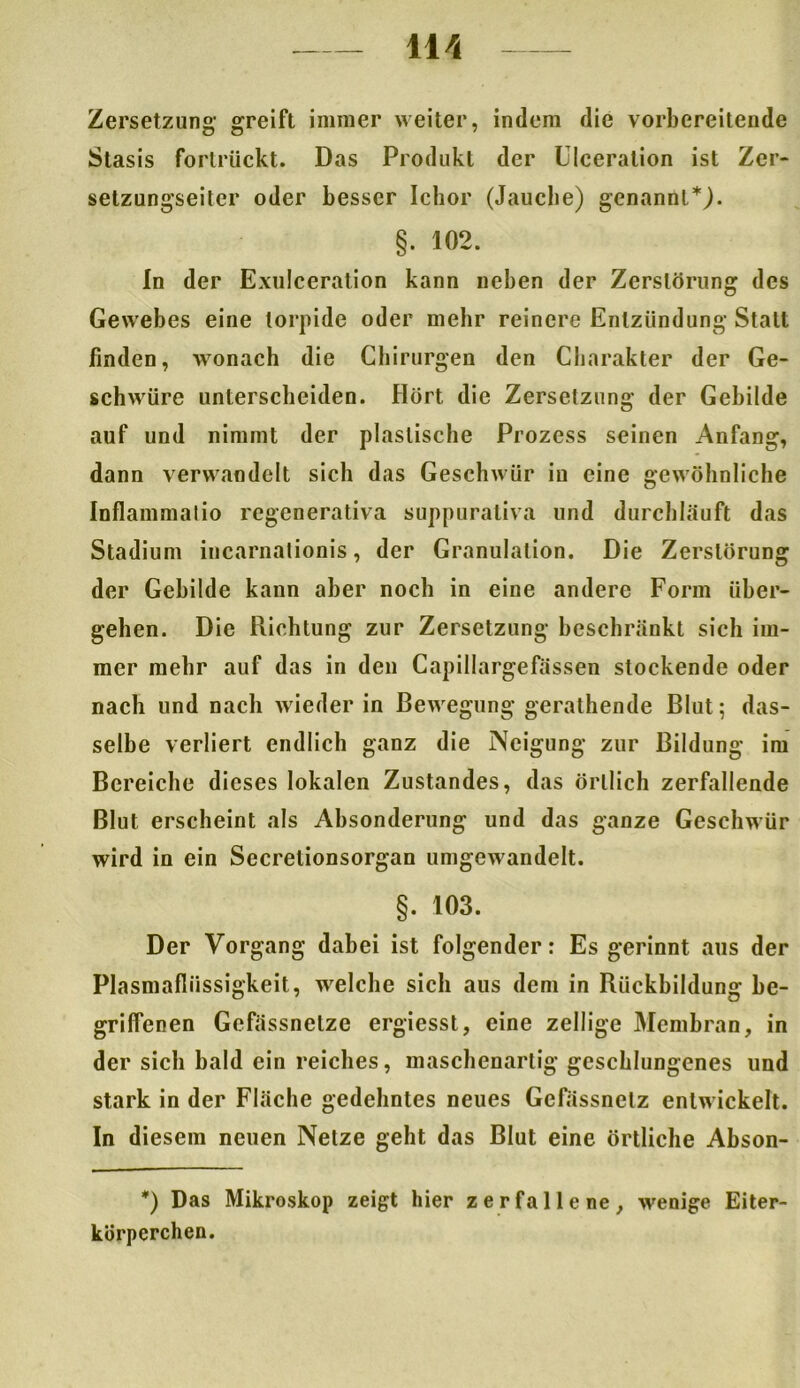 Zersetzung greift immer weiter, indem die vorbereitende Stasis fortrückt. Das Produkt der Ulceration ist Zer- setzungseiter oder besser Ichor (Jauche) genannt*). §. 102. In der Exulceration kann neben der Zerstörung des Gewebes eine torpide oder mehr reinere Entzündung Statt finden, wonach die Chirurgen den Charakter der Ge- schwüre unterscheiden. Hört die Zersetzung der Gebilde auf und nimmt der plastische Prozess seinen Anfang, dann verwandelt sich das Geschwür in eine gewöhnliche Inflammalio regenerativa suppurativa und durchläuft das Stadium incarnationis, der Granulation. Die Zerstörung der Gebilde kann aber noch in eine andere Form über- gehen. Die Richtung zur Zersetzung beschränkt sich im- mer mehr auf das in den Capillargefüssen stockende oder nach und nach wieder in Bewegung gerathende Blut; das- selbe verliert endlich ganz die Neigung zur Bildung im Bereiche dieses lokalen Zustandes, das örtlich zerfallende Blut erscheint als Absonderung und das ganze Geschwür wird in ein Secrelionsorgan umgewandelt. §. 103. Der Vorgang dabei ist folgender: Es gerinnt aus der Plasmafliissigkeit, welche sich aus dem in Rückbildung be- griffenen Gefässnelze ergiesst, eine zellige Membran, in der sich bald ein reiches, maschenartig geschlungenes und stark in der Fläche gedehntes neues Gefässnelz entwickelt. In diesem neuen Netze geht das Blut eine örtliche Abson- *) Das Mikroskop zeigt hier zerfallene, wenige Eiter- körperchen.