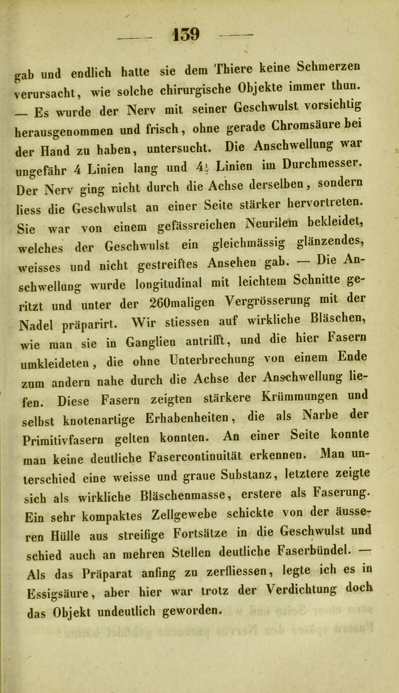 gab und endlich hatte sie dem Thiere keine Schmerzen verursacht, wie solche chirurgische Objekte immer thun. Es wurde der Nerv mit seiner Geschwulst vorsichtig herausgenommen und frisch, ohne gerade Chromsaure bei der Hand zu haben, untersucht. Die Anschwellung war ungefähr 4 Linien lang und 4 t Linien im Durchmesser. Der Nerv ging nicht durch die Achse derselben, sondern Hess die Geschwulst an einer Seite stärker hervortreten. Sie war von einem gefässreichen Neurilem bekleidet, welches der Geschwulst ein gleichmässig glänzendes, weisses und nicht gestreiftes Ansehen gab. — Die An- schwellung wurde longitudinal mit leichtem Schnitte ge- ritzt und unter der 260maligen Vergrösserung mit der Nadel präparirt. Wir stiessen auf wirkliche Bläschen, wie man sie in Ganglien antrifft, und die hier Fasern umkleideten, die ohne Unterbrechung von einem Ende zum andern nahe durch die Achse der Anschwellung lie- fen. Diese Fasern zeigten stärkere Krümmungen und selbst knotenartige Erhabenheiten, die als Narbe der Priraitivfasern gelten konnten. An einer Seite konnte man keine deutliche Fasercontinuität erkennen. Man un- terschied eine weisse und graue Substanz, letztere zeigte sich als wirkliche Bläschenmasse, erstere als Faserung. Ein sehr kompaktes Zellgewebe schickte von der äusse- ren Hülle aus streifige Fortsätze in die Geschwulst und schied auch an mehren Stellen deutliche Faserbündel. — Als das Präparat anfing zu zerfliessen, legte ich es in Essigsäure, aber hier war trotz der Verdichtung doch das Objekt undeutlich geworden.