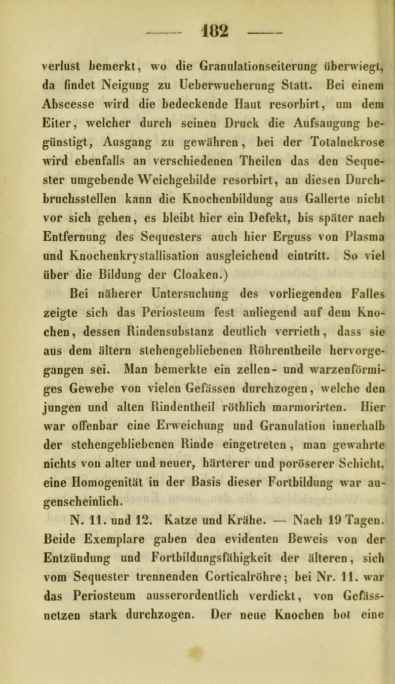 verlast bemerkt, wo die Granulationseiterung überwiegt, da findet Neigung zu Ueberwucherung Statt. Bei einem Abscesse wird die bedeckende Haut resorbirt, um dem Eiter, welcher durch seinen Druck die Aufsaugung be- günstigt, Ausgang zu gewähren, bei der Totalnekrose wird ebenfalls an verschiedenen Theilen das den Seque- ster umgebende Weichgebilde resorbirt, an diesen Durch- bruchsstellen kann die Knochenbildung aus Gallerte nicht vor sich gehen, es bleibt hier ein Defekt, bis später nach Entfernung des Sequesters auch hier Erguss von Plasma und Knochenkrystallisation ausgleichend eintritt. So viel über die Bildung der Cloaken.) Bei näherer Untersuchung des vorliegenden Falles zeigte sich das Periosteum fest anliegend auf dem Kno- chen, dessen Rindensubstanz deutlich verrieth, dass sie aus dem ältern stehengebliebenen Röhrentheile hervorge- gangen sei. Man bemerkte ein zellen- und warzenförmi- ges Gewebe von vielen Gefässen durchzogen, welche den jungen und alten Rindentheil röthlich marmorirten. Hier war olfenbar eine Erweichung und Granulation innerhalb der stehengebliebenen Rinde eingetreten , man gewahrte nichts von alter und neuer, härterer und poröserer Schicht, eine Homogenität in der Basis dieser Fortbildung war au- genscheinlich. N. 11. und 12. Katze und Krähe. — Nach 19 Tagen. Beide Exemplare gaben den evidenten Beweis von der Entzündung und Fortbildungsfähigkeit der älteren, sich vom Sequester trennenden Corticalröhre; bei Nr. 11. war das Periosteum ausserordentlich verdickt, von Gefäss- netzen stark durchzogen. Der neue Knochen bot eine