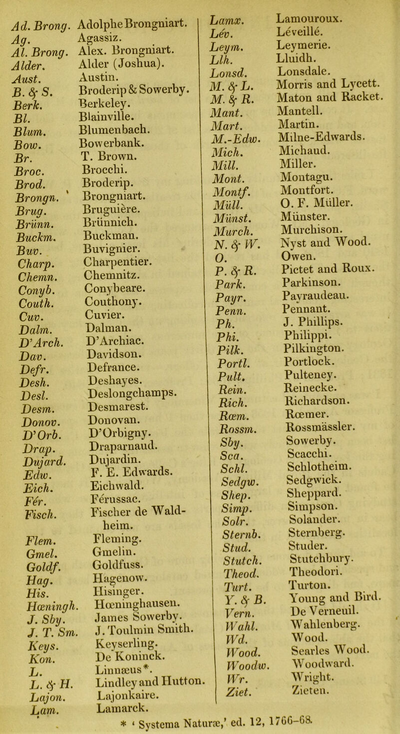 Ad. Brong. Ag. Al. Brong. A Ider. Aust. B.fyS. Berk. Bl. Blum. Bow. Br. Broc. Brod. Brongn. Brua. Brunn. Buckm. Buv. Charp. Chemn. Conyb. Couth. Cuv. Dalm. D’Arch. Dav. Defr. Desh. Desl. Desm. Donov. D’Orb. Drap. Dujard. Edw. Eich. Fer. Fisch. Flem. Gmel. Goldf. Hag. His. Hoeningh J. Shy. J. T. Sm Keys. Kon. L. L. Sr H. Lajon. Lam. Adolphe Brongniart. Agassiz. Alex. Brongniart. Alder (Joshua). Austin. Broderip & Sowerby. Berkeley. Blainville. Blumenbach. Bowerbank. T. Brown. Brocchi. Broderip. Brongniart. Bruguiere. Briinnich. Buckman. Buvignier. Charpentier. Chemnitz. Conybeare. Couthony. Cuvier. Dalman. D’Archiac. Davidson. Defrance. Deshay es. Deslongchamps. Desmarest. Donovan. D’Orbigny. Draparnaud. Dujardin. F. E. Edwards. Eichwald. Ferussac. Fischer de Wald- heim. Fleming. Gmelin. Goldfuss. Hagenow. Hisinger. Hoeninghausen. James Sowerby. J. Toulmin Smith. Keyserling. De Koninck. Linnaeus*. Lindley and Hutton. Lajonkaire. Lamarck. * ‘ Systema Naturae,’ ed. 12, 1766-68. Lamx. Lamouroux. Lev. Leveille. Leym. Leymerie. Llh. Lluidh. Lonsd. Lonsdale. M. Sf L. Morris and Lycett. M. 8f R. Maton and Racket. Mant. Mantell. Mart. Martin. M.-Edw. Milne-Edwards. Mich. Michaud. Mill. Miller. Mont. Montagu. Montf. Montfort. Mull. 0. F. Muller. Munst. Munster. Murch. Murchison. N. &' IV. Nyst and Wood. 0. Owen. P. Sc R. Pictet and Roux. J Park. Parkinson. Payr. Pavraudeau. Penn. Pennant. Ph. J. Phillips. Phi. Philippi. Pilk. Pilkington. Portl. Portlock. Pult. Pulteney. Rein. Reinecke. Rich. Richardson. Rcem. Rcemer. Rossm. Rossmassler. Sby. Sowerby. Sea. Scacchi. Schl. Schlotheim. Sedgw. Sedgwick. Shep. Sheppard. Simp. Simpson. Solr. Solander. Sternb. Sternberg. Stud. St.uder. Stutch. Stutchbury. Theod. Theodori. Turt. Turton. Y. Sc B. Young and Bird. ✓ Vern. De Verneuil. Wahl. Walilenberg. Wd. Wood. Wood. Searles Wood. Woodw. Woodward. Wr. Wright. Ziet. Zieten.