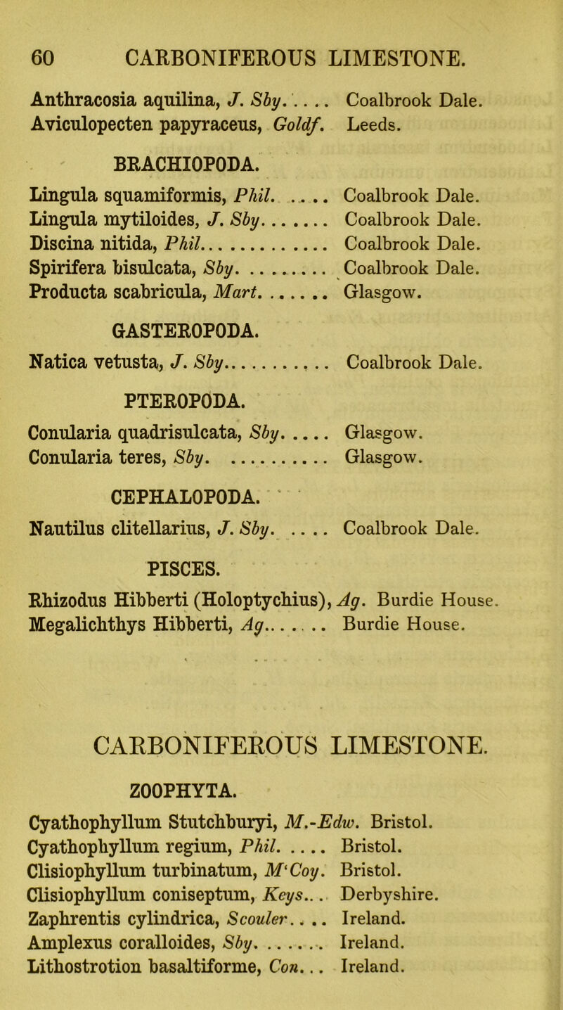 Anthracosia aquilina, J. Sby. .... Coalbrook Dale. Aviculopecten papyraceus, Gold/. Leeds. BRACHIOPODA. Lingula squamiformis, Phil Coalbrook Dale. Lingula mytiloides, J. Sby Coalbrook Dale. Discina nitida, Phil Coalbrook Dale. Spirifera bisulcata, Sby Coalbrook Dale. Producta scabricula, Mart Glasgow. GASTEROPODA. Natica vetusta, J. Sby Coalbrook Dale. PTEROPODA. Conularia quadrisulcata, Sby Glasgow. Conularia teres, Sby Glasgow. CEPHALOPODA. ' Nautilus clitellarius, J. Sby Coalbrook Dale. PISCES. Rhizodus Hibberti (Holoptycbius), Ag. Burdie House. Megalichtbys Hibberti, Ag...... Burdie House. CARBONIFEROUS LIMESTONE. ZOOPHYTA. Cyathophyllum Stutchburyi, M.-Edw. Bristol. Cyatbophyllum regium, Phil Bristol. Clisiophyllum turbinatum, M‘Coy. Bristol. Clisiopbyllum coniseptum, Keys... Derbyshire. Zaphrentis cylindrica, Scouler.. .. Ireland. Amplexus coralloides, Sby Ireland. Litbostrotion basaltiforme, Con... Ireland.