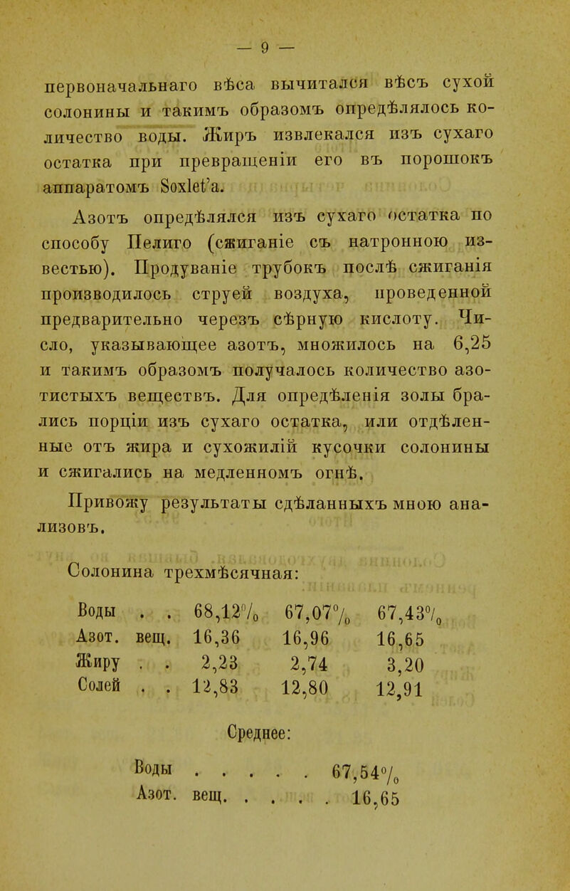 первоначальнаго вѣса вычитался вѣсъ сухой солонины и такимъ образомъ опредѣлялось ко- личество воды. Жиръ извлекался нзъ сухаго остатка при превращеніи его въ порошокъ аппаратомъ 8ох1еі'а. Азотъ опредѣлялся изъ сухаго г)статка по способу Пелиго (сжиганіе съ натронною из- вестью). Продуваніе трубокъ цослѣ сжиганія производилось струей воздуха, проведенной предварительно черезъ сѣрную кислоту. Чи- сло, указывающее азотъ, множилось на 6,25 и такимъ образомъ получалось количество азо- тистыхъ веществъ. Для опредѣленія золы бра- лись порціи изъ сухаго остатка, или отдѣлен- ные отъ жира и сухожилій кусочки солонины и сжигались на медленномъ огнѣ. Привожу результаты сдѣланныхъ мною ана- лизовъ. Солонина трехмѣсячная: Воды . . Азот. вещ. Жиру . . Солей . . 68,12Ѵо 16,36 2,23 12,83 67,077„ 16,96 2,74 12,80 67,43°/ 16,65 3,20 12,91 Среднее: Воды 67,54% Азот, вещ 16,65