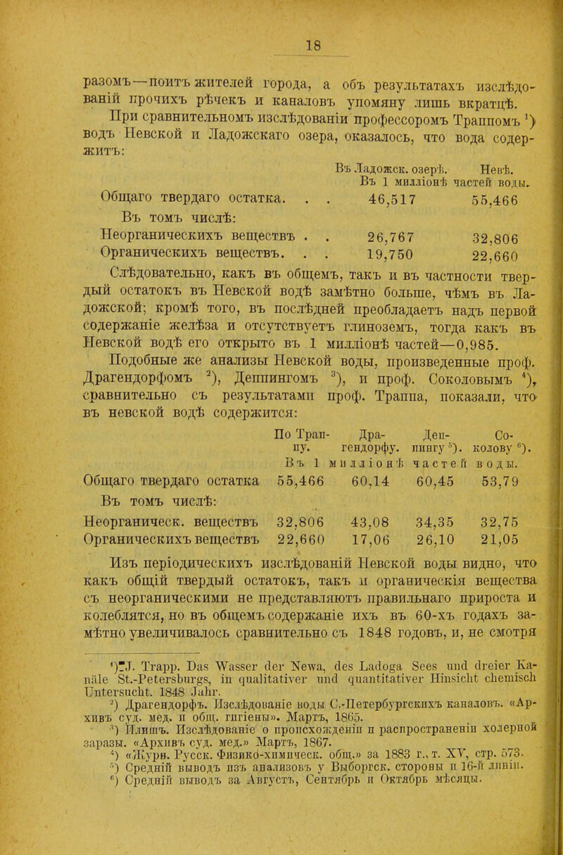 разомъ поитъ жителей города, а объ результатахъ изслѣдо- ваній прочихъ рѣчекъ и каналовъ упомяну лишь вкратцѣ. При сравнительномъ изслѣдованіи профессоромъ Траппомъ ]) водъ Невской и Ладожскаго озера, оказалось, что вода содер- житъ: Въ Ладожск. озерѣ. Невѣ. Въ 1 милліонѣ частей воды. Общаго твердаго остатка. . . 46,517 55.466 Въ томъ числѣ: Неорганическихъ веществъ . . 26,767 32.806 Органическихъ веществъ. . . 19,750 22,660 С лѣдовательно, какъ въ общемъ, такъ и въ частности твер- дый остатокъ въ Невской водѣ замѣтно больше, чѣмъ въ Ла- дожской; кромѣ того, въ послѣдней преобладаетъ надъ первой содержаніе желѣза и отсутствуетъ глиноземъ, тогда какъ въ Невской водѣ его открыто въ 1 милліонѣ частей—0,985. Подобные же анализы Невской воды, произведенные проф. сравнительно съ результатами проф. Траппа, показали, что- бъ невской водѣ содержится: По Трап- Дра- Деи- Со- пу. гендорфу. ппнгу5). колову °). Бъ 1 милліонѣ частей воды. Общаго твердаго остатка 55,466 60,14 60,45 53,79 Въ томъ числѣ: Неорганическ. веществъ 32,806 43,08 34,35 32,75 Органическихъ веществъ 22,660 17,06 26,10 21,05 Изъ періодическихъ изслѣдованій Невской воды видно, что какъ общій твердый остатокъ, такъ и органическія вещества съ неорганическими не представляютъ правильнаго прироста и колеблятся, но въ общемъ содержаніе ихъ въ 60-хъ годахъ за- мѣтно увеличивалось сравнительно съ 1848 годовъ, и, не смотря *)?Д. Тгарр. Баз ЛѴаззег сіег Хе\ѵа, сіез Ьаііода 8еез шні сігеіег Ка- піііе 8і.-Ре1егзЬиг§з, іп сріаНШіѵег ішсі днапШаііѵег НінзісМ сЬетізсЬ ТІпіегзисМ. 1848 Даііг. 2) Драгендорфъ. Изслѣдованіе воды С.-Петербургскнхъ каналовъ. «Ар- хивъ суд. мед. и общ. гигіены». Мартъ, 1865. И Илпіпъ. Изслѣдованіе о пропсхолсденіп п распространеніи холерной заразы. «Архивъ суд. мед.» Мартъ, 1867. '•) «Жури. Русск. Физикб-хнмпческ. общ.» за 1883 г., т. ХУ, стр. 573. я) Средній выводъ изъ анализовъ у Выборгск. сторовы и 16-й линіи. в) Средній выводъ за Августъ, Сентябрь и Октябрь мѣсяцы. — ^