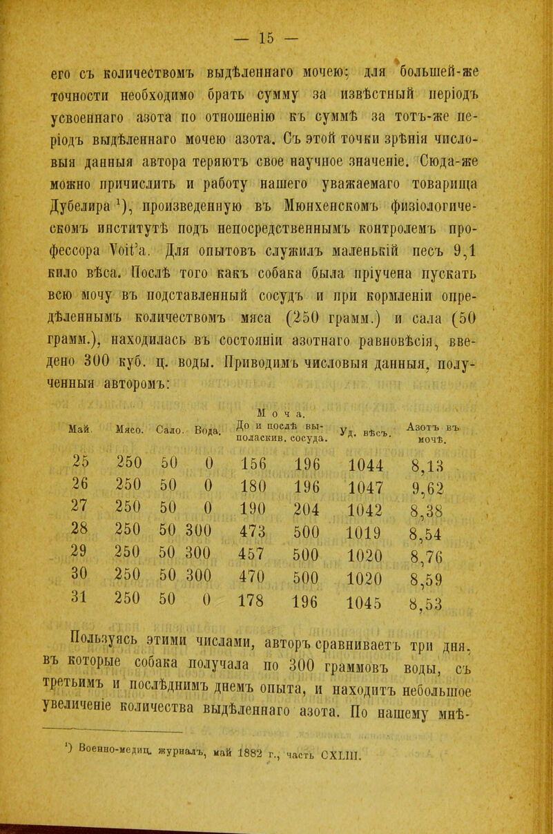 его съ количествомъ выдѣленнаго мочею; для большей-же точности необходимо брать сумму за извѣстный иеріодъ усвоеннаго азота по отношенію къ суммѣ за тотъ-же пе- ріодъ выдѣленнаго мочею азота. Съ этой точки зрѣнія число- выя данныя автора теряютъ свое научное значеніе. Сюда-же можно причислить и работу нашего уважаемаго товарища Дубелира произведенную въ Мюнхенскомъ физіологиче- скомъ институтѣ подъ непосредственнымъ контролемъ про- фессора Ѵоіі'а. Для опытовъ служилъ маленькій песъ 9,1 кило вѣса. Послѣ того какъ собака была пріучена пускать всю мочу въ подставленный сосудъ и при кормленіи опре- дѣленнымъ количествомъ мяса (250 грамм.) и сала (50 грамм.), находилась въ состояніи азотнаго равновѣсія, вве- дено 300 куб. ц. воды. Приводимъ числовыя данныя, полу- ченныя авторомъ: Моча. ВЫ Уд. вѣеъ. Азотъ въ мочѣ. 1044 8,18 1047 9,62 1042 8,38 1019 8,54 1020 8,76 1020 8,59 1045 8,53 Пользуясь этими числами, авторъ сравниваем три дня. въ которые собака получала по 300 граммовъ воды, съ третьимъ и послѣднимъ днемъ опыта, и находитъ небольшое увеличеніе количества выдѣленнаго азота. По нашему мнѣ- Май. Мясо. Сало ■ Вода. До и послѣ вы- подаскив.сосуда. 25 250 50 0 156 196 26 250 50 0 180 196 27 250 50 0 190 204 28 250 50 300 473 500 29 250 50 300 457 500 30 250 50 300 470 500 31 250 50 0 178 196 -медиц. журналъ, май 1882 г., часть СХГЛП.