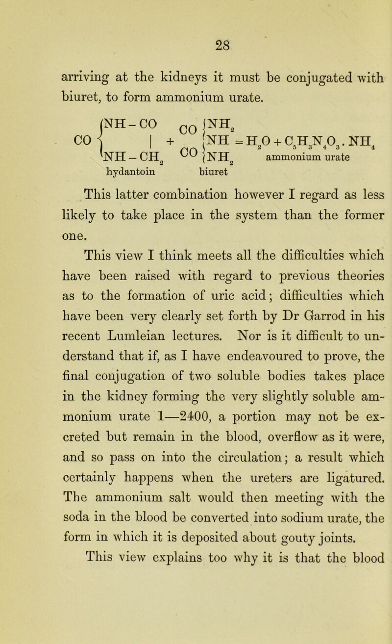 arriving at the kidneys it must be conjugated with biuret, to form ammonium urate. (NH-CO cojNH2 CO j I + NH =H20 + CsH3N403.NH4 WH — CH„ /NH3 ammonium urate hydantoin biuret This latter combination however I regard as less likely to take place in the system than the former one. This view I think meets all the difficulties which have been raised with regard to previous theories as to the formation of uric acid; difficulties which have been very clearly set forth by Dr Garrod in his recent Lumleian lectures. Nor is it difficult to un- derstand that if, as I have endeavoured to prove, the final conjugation of two soluble bodies takes place in the kidney forming the very slightly soluble am- monium urate 1—2400, a portion may not be ex- creted but remain in the blood, overflow as it were, and so pass on into the circulation; a result which certainly happens when the ureters are ligatured. The ammonium salt would then meeting with the soda in the blood be converted into sodium urate, the form in which it is deposited about gouty joints. This view explains too why it is that the blood