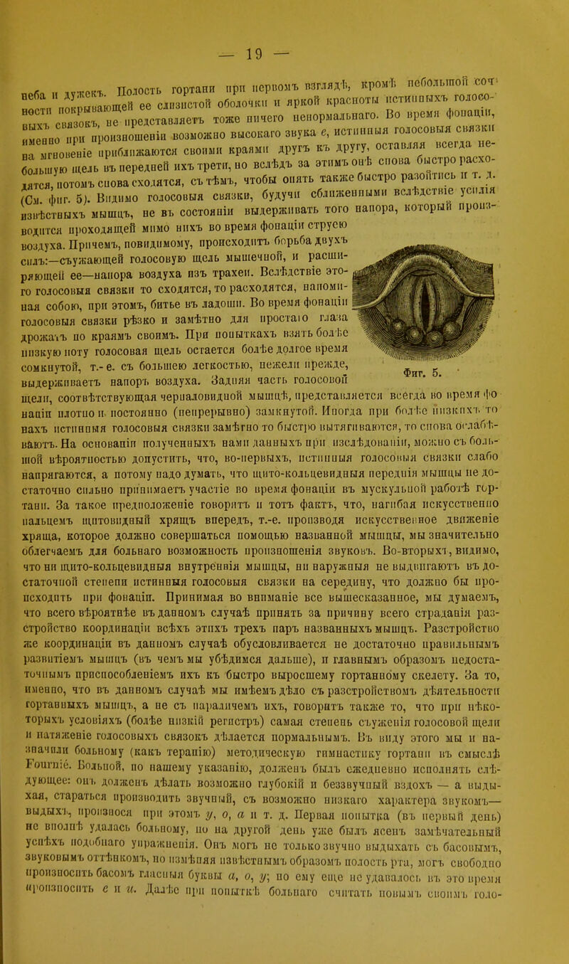 ТТоюсть гортани прп псриомъ вЗглядѣ, кромѣ небольшой соч^ и^ЛоІры 'юшеГееслпХой оболочки и яркой красноты пстипоых, голосо- Гх^ ГоГ не Федставлле^ тоже ничего ненормальная Во время фоиацш по іюнзвошенін возможно высокаго звука е, истинный голосовьгя.М Гѵгио еніе приближаются своими краями другъ къ другу оставляя всегдашне- ?о,ы ую щель въ передней „хъ трети, во вслѣдъ за этпмъонѣ снова быстро расхо- тят я, нотомъ снова сходятся, сътѣмъ, чтобы опять также быстро разойтись и т. 1 (См фиг. 5). Видимо голосовыя связки, будучи сближенными вслѣдствіе усилш извѣстныхъ мышцъ, не въ состояпіи выдерживать того напора, который произ- водится проходящей мимо ннхъ во время фопаціи струсю воздуха. Прнчемъ, повндимому, происходить борьба двухъ снлъ:—съужающей голосовую щель мыпіечпой, и расши- ряющей ее—напора воздуха пзъ трахеи. Вслѣдствіе это- го голосовыя связки то сходятся, то расходятся, напоми- ная собою, при этомъ, битье въ ладоши. Во время фонацін голосовыя связки рѣзко и замѣтно для нростаю паза дрожачъ по краямъ своимъ. При попыткахъ взять болѣс низкую ноту голосовая щель остается болѣе долгое время сомкнутой, т.- е. съ большею легкостью, нежели прежде, фиг 5 выдержпваетъ напоръ воздуха. Задняя часть голосовой щели, соотвѣтствующая чериадовидиой мышцѣ, представляется всегда во время Фо нааіп илотиоп. постоянно (непрерывно) замкнутой. Иногда при болѣс ішзкпхъ то нахъ пстннпыя голосовыя связки замѣгно то быстро вытягиваются, то снова ослаб е- вают^ На основапіп иолучениыхъ нами даиныхъ при изслѣдованін, можно сь боль- шой вѣроятиостью допустить, что, во-нервыхъ, пстпнныя голосовыя связки слабо напрягаются, а потому иадодумать, что щито-кольцевидныя передиія мышцы недо- статочно снльио прппимаетъ учаетіе во время фонаціи въ мускульной работѣ гор- тани. За такое нредположеніе говорнтъ и тотъ фактъ, что, нагибая искусственно пальцемъ щитовидный хрящъ впередъ, т.-е. производя искусственное двпженіе хряща, которое должно совершаться помощью названной мышцы, мы значительно облегчаемъ для больнаго возможность иропзношенія звуковъ. Во-вторыхі, видимо, что ни щито-кольцевидныя внутренвія мышцы, ни наружпыя не выдшігаютъ въдо- статочиой стеиепи истинныя голосовыя связки на середину, что должно бы про- исходить прп фонаціп. Принимая во внпманіе все вышесказанное, мы думаемъ, что всего вѣроятнѣе въдаиномъ случаѣ принять за причину всего страдааія раз- стройство координаціи всѣхъ этнхъ трехъ паръ названныхъ мышцъ. Разстройство же координаціи въ данномъ случаѣ обусловливается не достаточно иравилышмъ развнтіемъ мышцъ (въ чемъ мы убѣдимся дальше), п главнымъ образомъ недоста- точнымъ приспособленіемъ пхъ къ быстро выросшему гортанному скелету. За то, имевпо, что въ данномъ случаѣ мы имѣемъдѣло съ разстройствомъ дѣятельностн гортаниыхъ мышцъ, а не съ параличемъ ихъ, говорнтъ также то, что при нѣко- торыхъ условіяхъ (болѣе ннзкій регистръ) самая степень съуженія голосовой щели и натяженіе голосовыхъ связокъ дѣлается пормальнымъ. Въ виду этого мы и на- значили больному (какъ терапію) методическую гимнастику гортани въ смыслѣ ЕѴгагшё. Бпдьиой, по нашему указапію, долженъ быль ежедневно исполнять слѣ- дующее: от, долженъ дѣлать возможно глубокій и беззвучный вздохъ — а выды- хая, стараться производить звучный, съ возможно низкаго характера звувомъ— выдыхт, произнося при этомъ у, о, а и т. д. Первая попытка (въ первый день) не вполпѣ удалась больному, но на другой день уже былъ ясенъ замѣчательпый успѣхъ иодобнаго уиражненія. Онъ могъ не только звучно выдыхать съ басовымъ, звуковымъ оттѣнкомъ, по пзмѣпяя нзвѣстпымъ образомъ полость рта, могъ свободно произносить басомъ гласный буквы а, о, у; но ему еще не удавалось въ это время произносить спи. Далѣс при поиыткѣ больнаго считать новымъ свопмь голо-