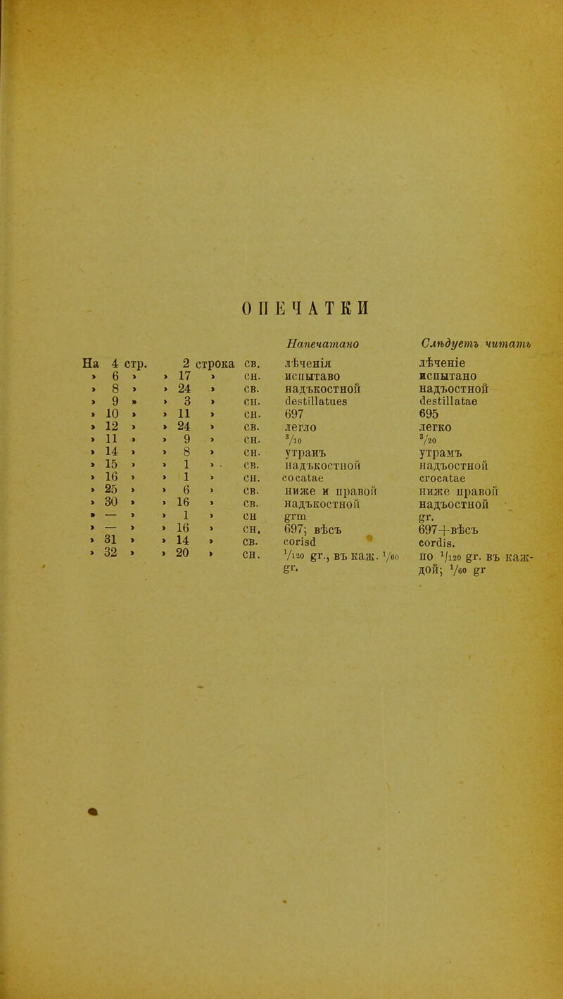 ОПЕЧАТКИ Іа 4 стр. 2 строка св. » 6 » » 17 » сн. » 8 » » 24 » св. » 9 » » 3 » сн. » 10 » » 11 » сн. > 12 » » 24 » св. » 11 » » 9 » сн. » и » » 8 > сн. » 15 > » 1 > - св. » 16 » » 1 » сн. » 25 » » 6 » св. » 30 » » 16 » св. » 1 » сн » 16 » сн. » 31 » э 14 » св. > 32 » » 20 » сн. Напечатано лѣченія исиытаво надъкостной сіевііііаіиез 697 легло »/« утраиъ надъкостной сосаіае ниже и правой надъкостной 697; вѣсъ СОГІ8СІ г/і2о §т., въ каж. Ѵ6() Слѣдуетъ читать лѣченіе испытано надъостноіі (іезМПаІае 695 легко 3/20 утрамъ надъостной сгосаіае ниже правой надъостной 697+вѣсъ СОГ(ІІ8. по г/і2о дг. въ каж1 дой; Ѵво