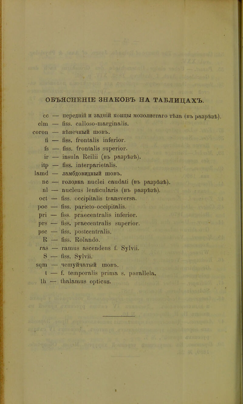 ОБЪЯСНЕНІЕ ЗНАКОВЪ НА ТАБЛИЦАХЪ. сс — передній и задній концы мозолистаго тѣла (въ разрѣзѣ), сіт — Гі88. саііозо-тагоіпаііз, согоп — вѣнечный шовъ. Гі — Й88. Ігопіаііз іпГегіог. І8 — Й88. Ігопіаііз знрегіог. іг — іпзпіа ЕеіИі (въ разрѣзѣ), іір — Й88. іпіеграгіеіаііз. Іашй — ламбдовидный шовъ. ПС — голо.вка ппсіеі саийаіі (въ разрѣзѣ). п1 — пнсіепз іеціісиіагіз (въ разрѣзѣ), осі — Й88. оссірііаііз ігапзѵегза. рос — Й88. рагіеіо-оссірііаііз. ргі — Й88. ргаесепігаііз іпіегіог. рг8 — Й88. ргаесеп1.га1І8 знрегіог. рзс — Й88. розісепігаііб. К — Й88. Еоіапйо. газ — гатнз азсепйепз і‘. 8у1ѵіі. 8_— Й88. 8у1ѵіі. 8С1П1 — чешуйчатый шовъ. I; — й іешрогаііз ргіта з. рагаііеіа. 1І1 — Птіашиз орііснз.