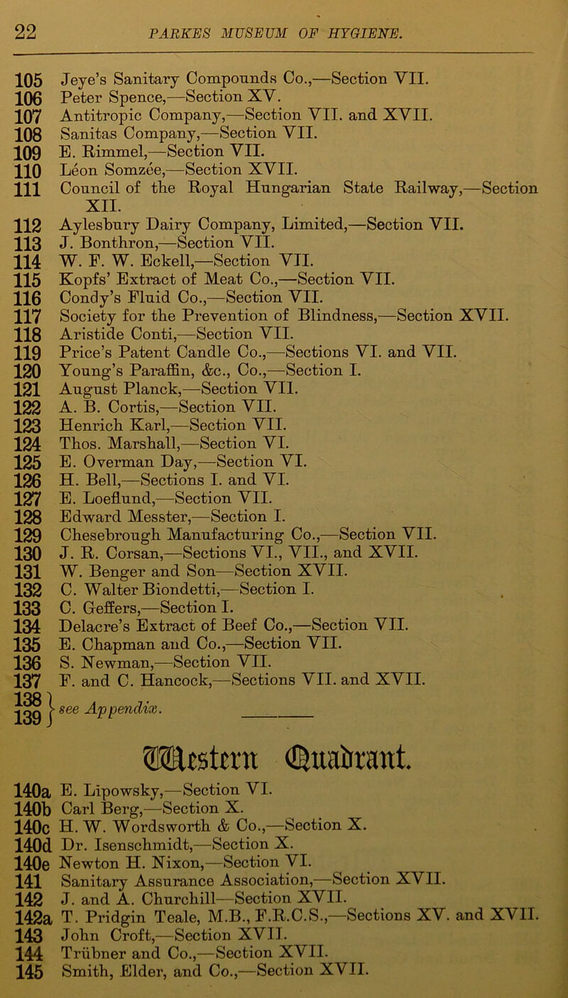 105 Jeye’s Sanitary Compounds Co.,—Section VII. 106 Peter Spence,—Section XV. 107 Antitropic Company,—Section VII. and XVII. 108 Sanitas Company,—Section VII. 109 E. Rimmel,—Section VII. 110 Leon Somzee,—Section XVII. 111 Council of tlie Royal Hungarian State Railway,—Section XII. 112 Aylesbury Dairy Company, Limited,—Section VII. 113 J. Bonthron,—Section VII. 114 W. P. W. Eckell,—Section VII. 115 Kopfs’ Extract of Meat Co.,—Section VII. 116 Condy’s Fluid Co.,—Section VII. 117 Society for the Prevention of Blindness,—Section XVII. 118 Aristide Conti,—Section VII. 119 Price’s Patent Candle Co.,—Sections VI. and VII. 120 Young’s Paraffin, &c., Co.,—Section I. 121 August Planck,—Section VII. 122 A. B. Cortis,—Section VII. 123 Henrich Karl,—Section VII. 124 Thos. Marshall,—Section VI. 125 E. Overman Day,—Section VI. 126 H. Bell,—Sections I. and VI. 127 E. Loeflund,—Section VII. 128 Edward Messter,—Section I. 129 Chesebrough Manufacturing Co.,—Section VII. 130 J- R- Corsan,—Sections VI., VII., and XVII. 131 W. Benger and Son—Section XVII. 132 C. Walter Biondetti,—Section I. 133 C. Geffers,—Section I. 134 Delacre’s Extract of Beef Co.,—Section VII. 135 E. Chapman and Co.,—Section VII. 136 S. Newman,—Section VII. 137 F. and C. Hancock,—Sections VII. and XVII. 139 } 866 -Appendi®- Western Qimkant. 140a E. Lipowsky,—Section VI. 140b Carl Berg,—Section X. 140c H. W. Wox*dsworth & Co.,—Section X. 140d Dr. Isenschmidt,—Section X. 140e Newton H. Nixon,—Section VI. 141 Sanitary Assurance Association,—Section XVII. 142 J- and A. Churchill—Section XVII. 142a T. Pridgin Teale, M.B., F.R.C.S.,—Sections XV. and XVII. 143 John Croft,—Section XVII. 144 Triibner and Co.,—Section XVII. 145 Smith, Elder, and Co.,—Section XVII.