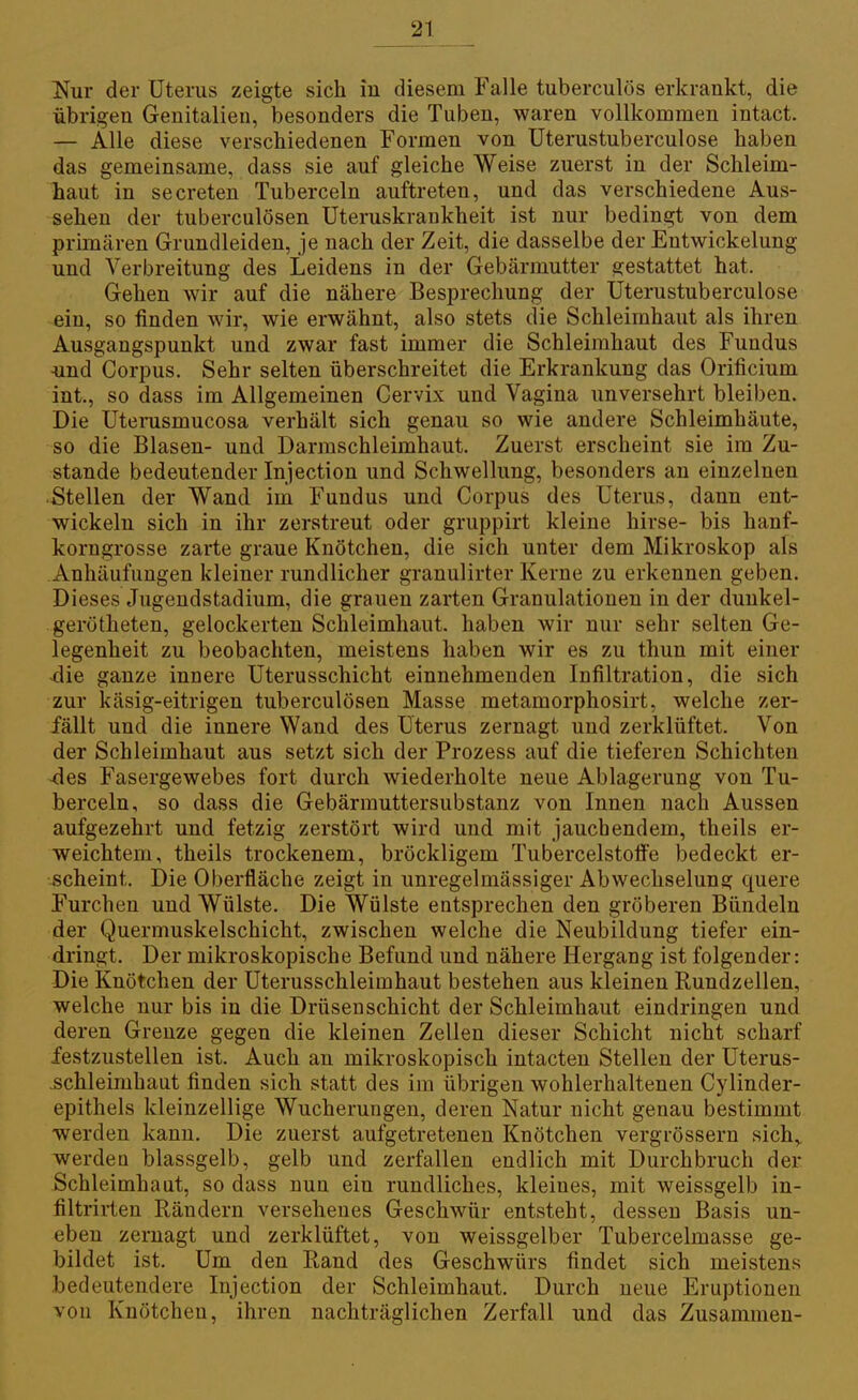 Nur der Uterus zeigte sich iu diesem Falle tuberculös erkrankt, die übrigen Genitalien, besonders die Tuben, waren vollkommen intact. — Alle diese verschiedenen Formen von Uterustuberculose haben das gemeinsame, dass sie auf gleiche Weise zuerst in der Schleim- haut in secreten Tuberceln auftreten, und das verschiedene Aus- sehen der tuberculösen Uteruskrankheit ist nur bedingt von dem primären Grundleiden, je nach der Zeit, die dasselbe der Entwickelung und Verbreitung des Leidens in der Gebärmutter gestattet hat. Gehen wir auf die nähere Besprechung der Uterustuberculose ein, so finden wir, wie erwähnt, also stets die Schleimhaut als ihren Ausgangspunkt und zwar fast immer die Schleimhaut des Fundus und Corpus. Sehr selten überschreitet die Erkrankung das Orificium int., so dass im Allgemeinen Cervix und Vagina unversehrt bleiben. Die Uterusmucosa verhält sich genau so wie andere Schleimhäute, so die Blasen- und Darmschleimhaut. Zuerst erscheint sie im Zu- stande bedeutender Injection und Schwellung, besonders an einzelnen Stellen der Wand im Fundus und Corpus des Uterus, dann ent- wickeln sich in ihr zerstreut oder gruppirt kleine hirse- bis hanf- korngrosse zarte graue Knötchen, die sich unter dem Mikroskop als Anhäufungen kleiner rundlicher granulirter Kerne zu erkennen geben. Dieses Jugendstadium, die grauen zarten Granulationen in der dunkel- gerötheten, gelockerten Schleimhaut, haben wir nur sehr selten Ge- legenheit zu beobachten, meistens haben wir es zu thun mit einer die ganze innere Uterusschicht einnehmenden Infiltration, die sich zur käsig-eitrigen tuberculösen Masse metamorphosirt, welche zer- fällt und die innere Wand des Uterus zernagt und zerklüftet. Von der Schleimhaut aus setzt sich der Prozess auf die tieferen Schichten des Fasergewebes fort durch wiederholte neue Ablagerung von Tu- berceln, so dass die Gebärmuttersubstanz von Innen nach Aussen aufgezehrt und fetzig zerstört wird und mit jauchendem, theils er- weichtem, theils trockenem, bröckligem Tubercelstoffe bedeckt er- ^scheint. Die Oberfläche zeigt in unregelmässiger Abwechselung quere Furchen und Wülste. Die Wülste entsprechen den gröberen Bündeln der Quermuskelschicht, zwischen welche die Neubildung tiefer ein- dringt. Der mikroskopische Befund und nähere Hergang ist folgender: Die Knötchen der Uterusschleimhaut bestehen aus kleinen Rundzellen, welche nur bis in die Drüsenschicht der Schleimhaut eindringen und deren Grenze gegen die kleinen Zellen dieser Schicht nicht scharf festzustellen ist. Auch an mikroskopisch intacten Stellen der Uterus- .schleimhaut finden sich statt des im übrigen wohlerhaltenen Cylinder- epithels kleinzellige Wucherungen, deren Natur nicht genau bestimmt werden kann. Die zuerst aufgetretenen Knötchen vergrössern sichr werden blassgelb, gelb und zerfallen endlich mit Durchbruch der Schleimhaut, so dass nun ein rundliches, kleines, mit weissgelb in- filtrirten Rändern versehenes Geschwür entsteht, dessen Basis un- eben zernagt und zerklüftet, von weissgelber Tubercelmasse ge- bildet ist. Um den Rand des Geschwürs findet sich meistens bedeutendere Injection der Schleimhaut. Durch neue Eruptionen von Knötchen, ihren nachträglichen Zerfall und das Zusammen-