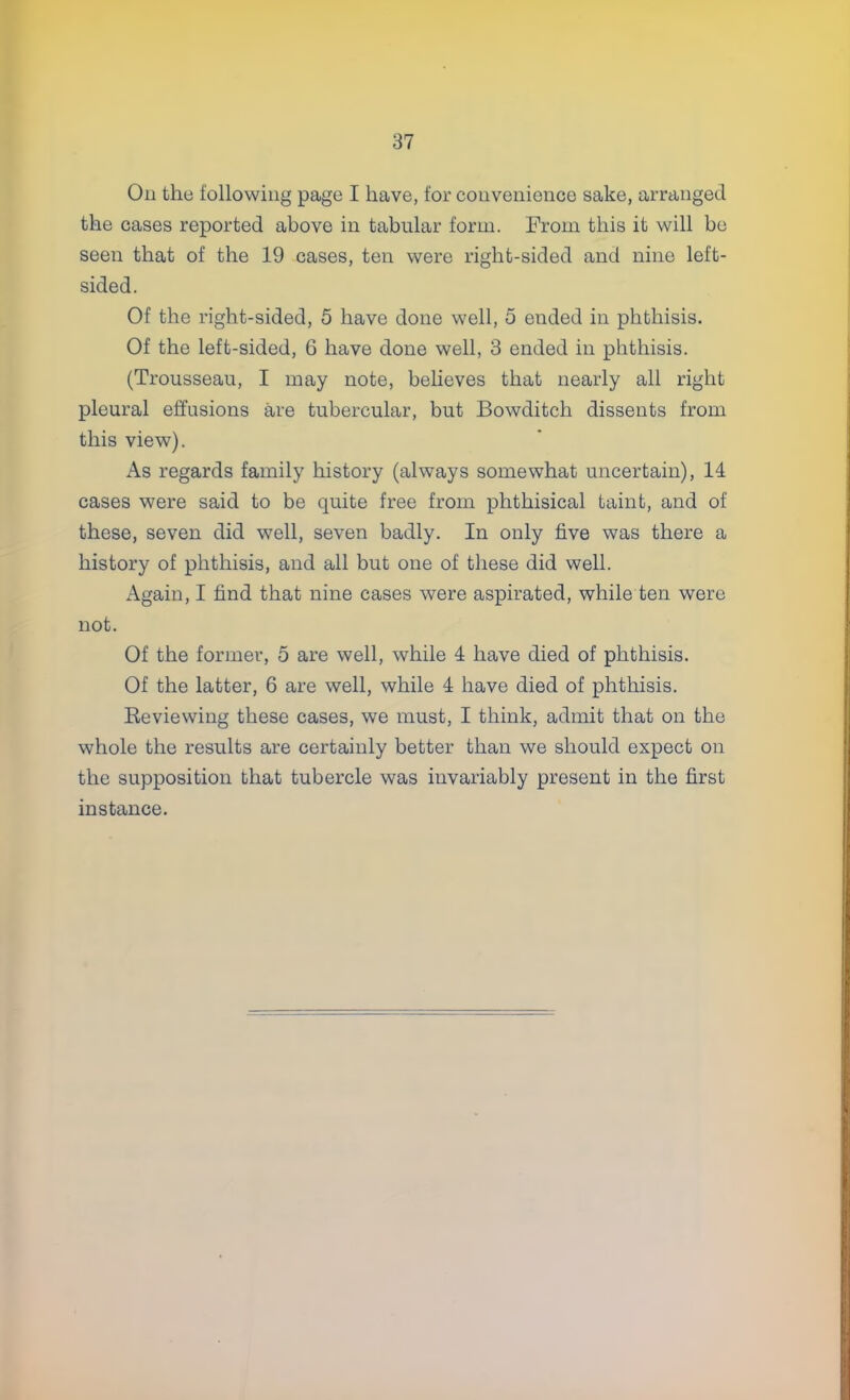 On the following page I have, for convenience sake, arranged the cases reported above in tabular form. From this it will be seen that of the 19 cases, ten were right-sided and nine left- sided. Of the right-sided, 5 have done well, 5 ended in phthisis. Of the left-sided, G have done well, 3 ended in phthisis. (Trousseau, I may note, believes that nearly all right pleural effusions are tubercular, but Bowditch dissents from this view). As regards family history (always somewhat uncertain), 14 cases were said to be quite free from phthisical taint, and of these, seven did well, seven badly. In only five was there a history of phthisis, and all but one of these did well. Again, I find that nine cases were aspirated, while ten were not. Of the former, 5 are well, while 4 have died of phthisis. Of the latter, 6 are well, while 4 have died of phthisis. Reviewing these cases, we must, I think, admit that on the whole the results are certainly better than we should expect on the supposition that tubercle was invariably present in the first instance.