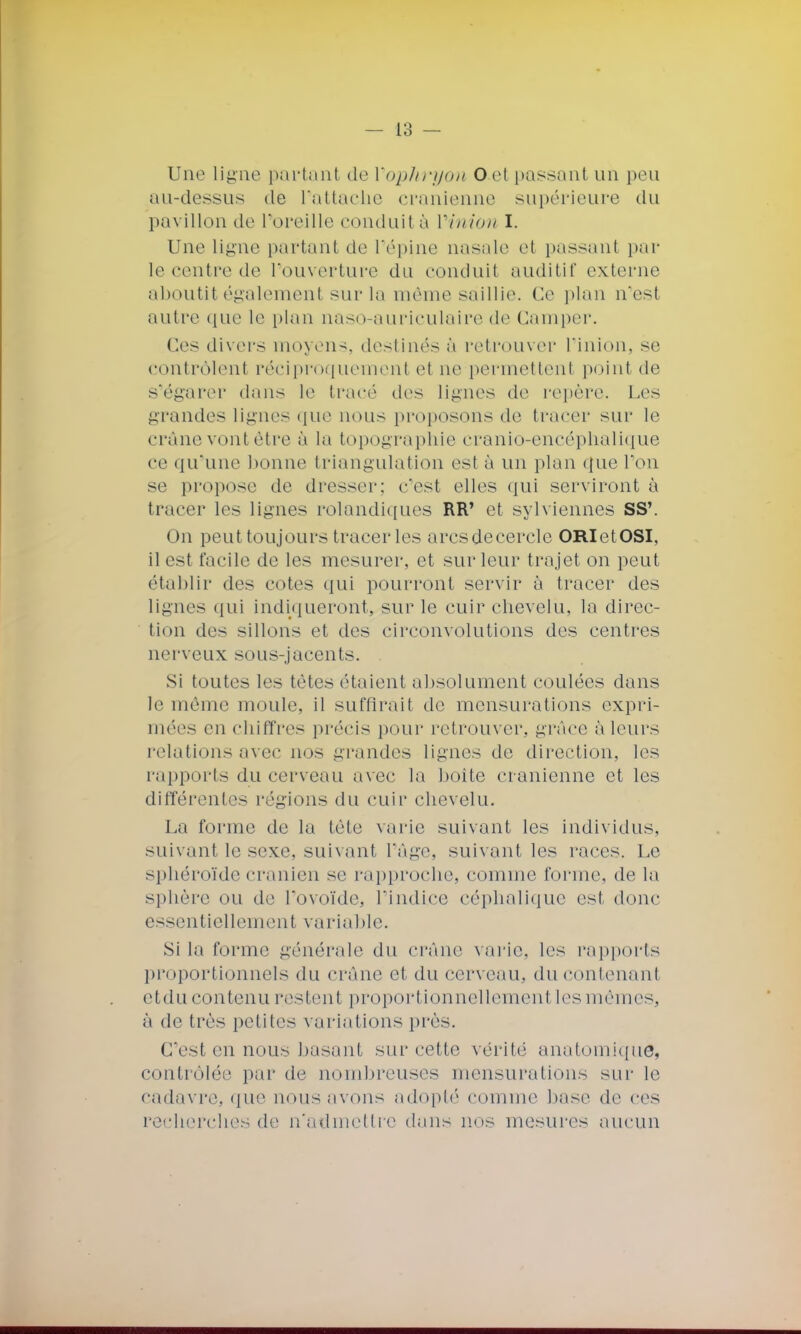 Une ligne partant deYophryon Oel passant un peu au-dessus de l'attache crânienne supérieure du pavillon de l'oreille conduit à Vinion I. Une ligne partant de l'épine nasale et passant par le centre de l'ouverture du conduit auditif externe aboutit également sur In même saillie Ce plan n'est autre que le plan naso-auriculaire de Camper. Ces divers moyens, destinés à retrouver l'inion, se contrôlent réciproquement et ne permettenl point de s'égarer dans le tracé des lignes de repère. Les grandes lignes que nous proposons de tracer sur le crâne vont être à la topographie cranio-encéphalique ce qu'une bonne triangulation est à un plan que l'on se propose de dresser; c'est elles qui serviront à tracer les lignes rolandiques RR' et sylviennes SS\ On peuttoujours tracer les arcsdecercle ORIetOSI, il est facile de les mesurer, et sur leur trajet on peut établir des cotes qui pourront servir à tracer des lignes qui indiqueront, sur le cuir chevelu, la direc- tion des sillons et des circonvolutions des centres nerveux sous-jacents. Si toutes les tètes étaient absolument coulées dans le même moule, il suffirait de mensurations expri- mées en chiffre- précis pour retrouver, grâce à leurs relations avec nos grandes lignes de direction, les rapports du cerveau avec la boîte crânienne et les différentes régions du cuir chevelu. La forme de la tête varie suivant les individus, suivant le sexe, suivant l'âge, suivant les races. Le sphéroïde crânien se rapproche, comme forme, de la sphère ou de l'ovoïde, l'indice céphalique est donc essentiellement variable. Si la forme générale du crâne varie, les rapports proportionnels du crâne et du cerveau, du contenant etdu contenu restent proportionnellement les mêmes, à de très petites variations près. C'est en nous basant sur cette vérité anatomiquè, contrôlée par de nombreuses mensurations sur le cadavre, que nous avons adopté comme base de ces recherches de n'admettre dans nos mesures aucun