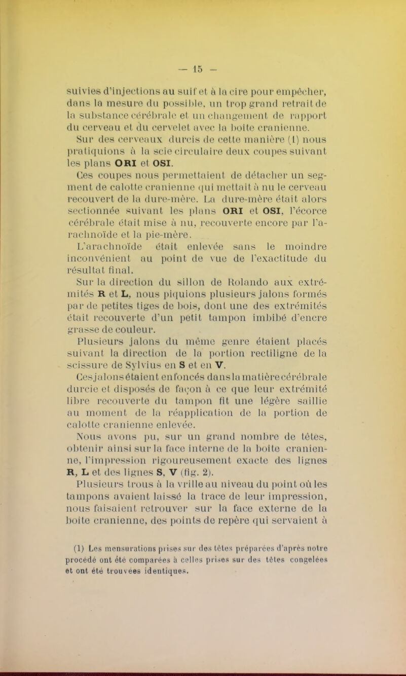 suivies d'injections mu suit ci à la cire pour empêcher, dan- la mesure du possible, un trop grand retraitde la substance cérébrale et un changement de rapport du cerveau el du cervelet avec la boite crânienne. Sur des CôrveaUX durcis de cette manière [1) nous pratiquions à la scie circulaire deux coupes suivant les plans ORI et OSI. Ces coupes nous permettaient de détacher un seg- ment de calotte crânienne qui mettait à nu le cerveau recouvert de la dure-mère. La dure-mère était alors sectionnée suivant les plans ORI et OSI, l'écorce cérébrale était mise à nu, recouverte encore par l'a- rachnoïde et la pie-mère. L'arachnoïde était enlevée sans le moindre inconvénient au point de vue de l'exactitude du résultat final. Sur la direction du sillon de Kolando aux extré- mités r et L, nous piquions plusieurs jalons formés par de petites tiges de bois, dont une des extrémités était recouverte d'un petit tampon Imbibé d'encre grasse de couleur. Plusieurs jalons du même genre étaient placés suivant la direction de la portion rectiligne delà scissure de Sylvius en S et en V. Cesja Ions étaient enfoncés dans la matière cérébrale durcie et disposés de façon à ce que leur extrémité libre recouverte du tampon fit une légère saillie au moment de la réapplication de la portion de calotte crânienne enlevée. Nous avons pu, sur un grand nombre (h1 tètes, obtenir ainsi sur la face interne de la boit»; crânien* ne. l'impression rigoureusement exacte des lignes R, L et des ligues S, V (fig. 2). Plusieurs trous à la vrille au niveau du point où les tampons avaient laissé la trace de leur impression, nous faisaient retrouver sur la face externe de la boite crânienne, des points de repère qui servaient à (1) Les mensurations poses .sur des tètes préparées d'après notre procédé ont été comparées à celles prises sur des têtes congelées et ont été trouvées identiques.