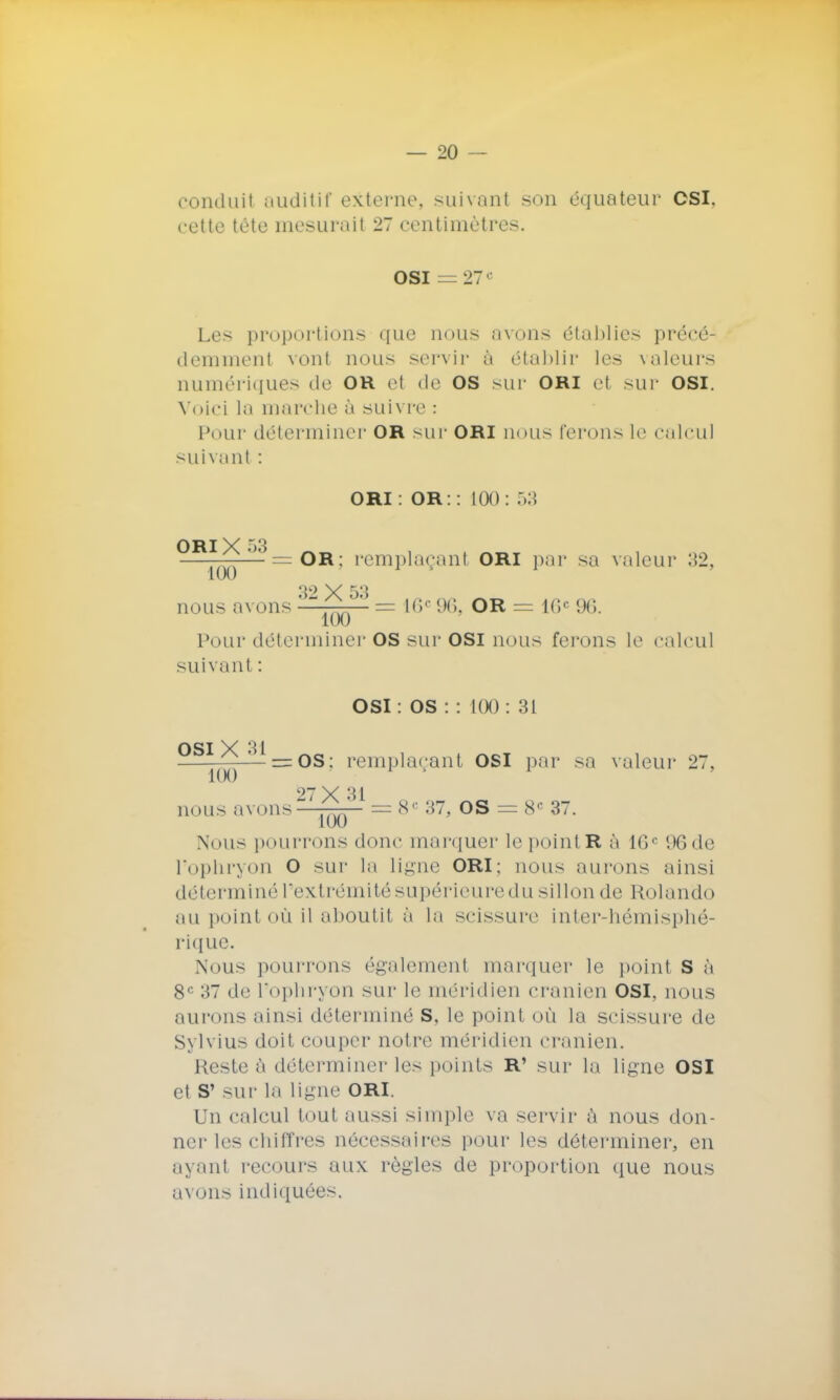 conduit auditif externe, suivant son équateur CSI. cette tète mesurait 27 centimètres. OSI — 27 Les proportions que nous avons établies précé- demment vont nous servir à établir les valeurs numériques de OR el de OS sur ORi el sur osi. Vi >ici la marche à suivre : Pour déterminer or sur ORi non- ferons I»1 calcul suivant : ORI : OR:: 100: 53 ORIX 53 100 = OR: remplaçant ORi par sa valeur 32, nous avons '*2*J = 16e 96, OR = 16e 96. 100 Pour déterminer OS sur OSI nous ferons le calcul suivant : OSI : OS : : 100 : 31 OSI X 31 — = os : remplaçant osi par sa valeur 27. 1 ( M ) nous avons^fiSp = <s'' 37, OS = 8< 37. Nous pourrons donc inarquer le point R à 1GC 96 de Pophryon O sur la Ligne ORI: nous aurons ainsi déterminé l'extrémité supérieuredu sillon de Rolando au point OÙ il aboutit, à la scissure inter-hémisphé- rique. Nous pourrons également marquer le point S à 8e 37 de l'ophryon sur le méridien crânien OSI, nous aurons ainsi déterminé S, le point où la scissure de Sylvius doit couper notre méridien crânien. Reste ô déterminer les points r' sur la ligne OSI et S' sur la Ligne ORI. Un calcul tout aussi si mule va servir a nous don- ner les chiffres nécessaires pour les déterminer, en ayant recours aux règles de proportion que nous avons indiquées.