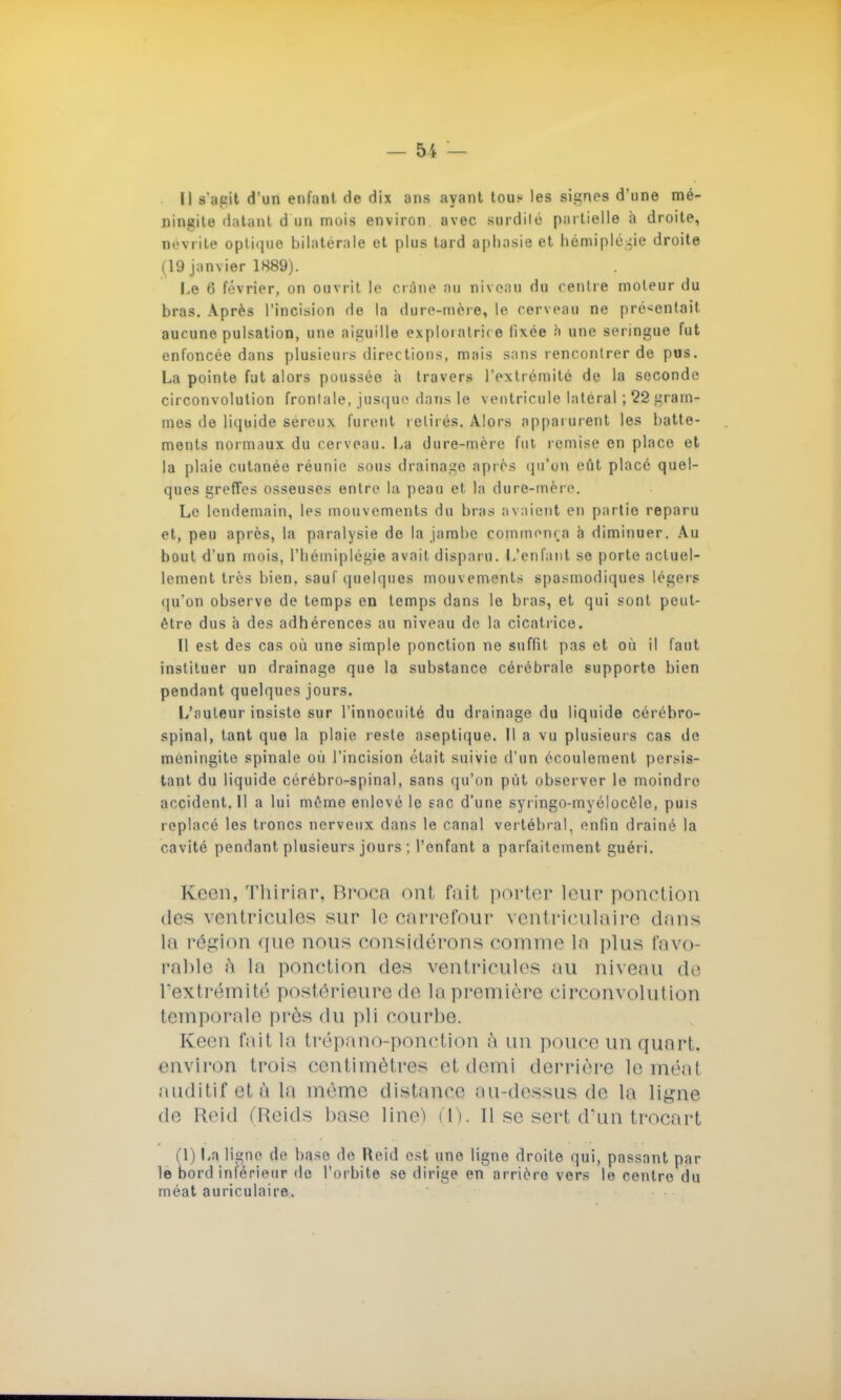 il s'agit d'un enfant de dix ans ayant tous les signes d'une mé- ningite datant d'un mois environ avec surdité partielle à droite, névrite optique bilatérale et plus tard aphasie et hémiplégie droite (19 janvier 1889). Le 6 février, on ouvrit le crune Bu niveau du centre moteur du bras. Après l'incision de la dure-mère, le cerveau ne présentait aucune pulsation, une aiguille exploratrice lixée h une seringue fut enfoncée dans plusieurs directions, mais sans rencontrer de pus. La pointe fut alors pousséo à travers l'extrémité de la seconde circonvolution frontale, jusque dans le ventricule latéral ; 22 gram- mes de liquide séreux furent retirés. Alors apparurent les batte- ments normaux du cerveau. La dure-mère fut remise en place et la plaie cutanée réunie sons drainage après qu'on eût placé quel- ques greffes osseuses entre la peau et la dure-mère. Le lendemain, les mouvements du bras avaient en partie reparu et, peu après, la paralysie de la jambe commença à diminuer. Au bout d'un mois, l'hémiplégie avait disparu. L'enfant se porte actuel- lement très bien, sauf quelques mouvements spasmodiques légers qu'on observe de temps en temps dans le bras, et qui sont peut- être dus à des adhérences au niveau de la cicatrice. Il est des cas où une simple ponction ne suffit pas et où il faut instituer un drainage que la substance cérébrale supporte bien pendant quelques jours. L'auteur insiste sur l'innocuité du drainage du liquide cérébro- spinal, tant que la plaie reste aseptique. Il a vu plusieurs cas de méningite spinale où l'incision était suivie d'un écoulement persis- tant du liquide cérébro-spinal, sans qu'on pût observer le moindre accident. Il a lui môme enlevé le sac d'une syringo-myélocèle, puis replacé les troncs nerveux dans le canal vertébral, enfin drainé la cavité pendant plusieurs jours ; l'enfant a parfaitement guéri. Keon, Thirinr. Brocn ont fait porter leur ponction des ventricules sur le carrefour ventriculaire dans la région que nous considérons comme la plus favo- rable à la ponction des ventricules au niveau de l'extrémité postérieure de la première circonvolution temporale près du pli courbe. Keen fait la trépano-ponction à un pouce un quart, environ trois centimètres et demi derrière le méat auditif et à la même distance au-dessus de la ligne de Reid (Rcids hase line) (1). 11 se sert d'un trocart Cl) La ligne de base de Reid est une ligne droite qui, passant par le bord inférieur «le l'orbite se dirige en arrière vers le centre du méat auriculaire.