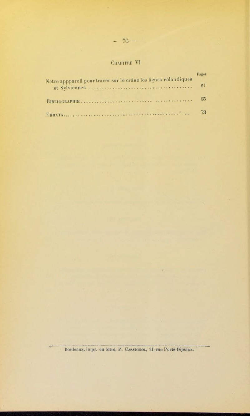 Chapitre VI Pages Notre appparcil pour tracer sur le crâne les lignes rolandiques et Syriennes ®* Bibliographie F.RUATA >' • • ' 73 Bordeaux, impr. du Midi, l\ Cassignoi., 94, rue l'orte Dijeaux.