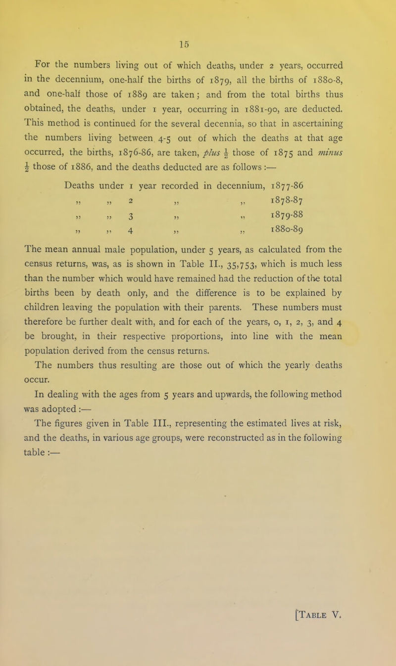 For the numbers living out of which deaths, under 2 years, occurred in the decennium, one-half the births of 1879, all the births of 1880-8, and one-half those of 1889 are taken; and from the total births thus obtained, the deaths, under 1 year, occurring in 1881-90, are deducted. This method is continued for the several decennia, so that in ascertaining the numbers living between 4-5 out of which the deaths at that age occurred, the births, 1876-86, are taken, plus those of 1875 and minus | those of 1886, and the deaths deducted are as follows:— Deaths under 1 year recorded in decennium, 1877-86 » „ 2 „ „ 1878-87 » „ 3 „ « 1879-88 „ „ 4 „ „ 1880-89 The mean annual male population, under 5 years, as calculated from the census returns, was, as is shown in Table II., 35,753, which is much less than the number which would have remained had the reduction of the total births been by death only, and the difference is to be explained by children leaving the population with their parents. These numbers must therefore be further dealt with, and for each of the years, o, 1, 2, 3, and 4 be brought, in their respective proportions, into line with the mean population derived from the census returns. The numbers thus resulting are those out of which the yearly deaths occur. In dealing with the ages from 5 years and upwards, the following method was adopted:— The figures given in Table III., representing the estimated lives at risk, and the deaths, in various age groups, were reconstructed as in the following table :—