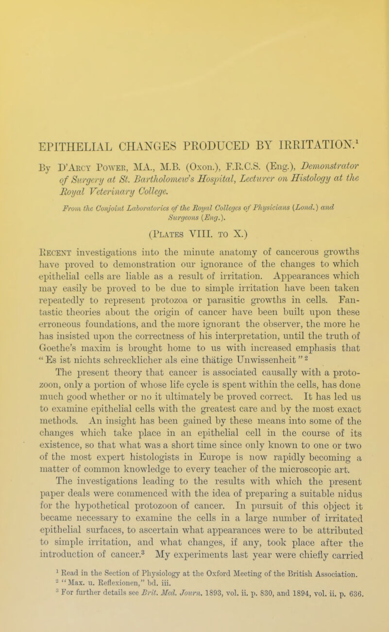 By D'Arcy Power, MA., M.B. (Oxon.), F.R.C.S. (Eng.), Demonstrator of Surgery at St. Bartholomews Hospital, Lecturer on Histology at the Royal Veterinary College. From the Conjoint Laboratories of the Royal Colleges of Physicians {Lond.) and Surgeons (Eng.). (Plates VIII. to X.) RECENT investigations into the minute anatomy of cancerous growths have proved to demonstration our ignorance of the changes to which epithelial cells are liable as a result of irritation. Appearances which may easily be proved to be due to simple irritation have been taken repeatedly to represent protozoa or parasitic growths in cells. Fan- tastic theories about the origin of cancer have been built upon these erroneous foundations, and the more ignorant the observer, the more he has insisted upon the correctness of his interpretation, until the truth of Goethe's maxim is brought home to us with increased emphasis that  Es ist nichts schrecklicher als eine thatige Unwissenheit2 The present theory that cancer is associated causally with a proto- zoon, only a portion of whose life cycle is spent within the cells, has done much good whether or no it ultimately be proved correct. It has led us to examine epithelial cells with the greatest care and by the most exact methods. An insight has been gained by these means into some of the changes which take place in an epithelial cell in the course of its existence, so that what was a short time since only known to one or two of the most expert histologists in Europe is now rapidly becoming a matter of common knowledge to every teacher of the microscopic art. The investigations leading to the results with which the present paper deals were commenced with the idea of preparing a suitable nidus for the hypothetical protozoon of cancer. In pursuit of this object it became necessary to examine the cells in a large number of irritated epithelial surfaces, to ascertain what appearances were to be attributed to simple irritation, and what changes, if any, took place after the introduction of cancer.3 My experiments last year were chiefly carried 1 Read in the Section of Physiology at the Oxford Meeting of the British Association. - Max. n. Rerlexionen, bd. iii.