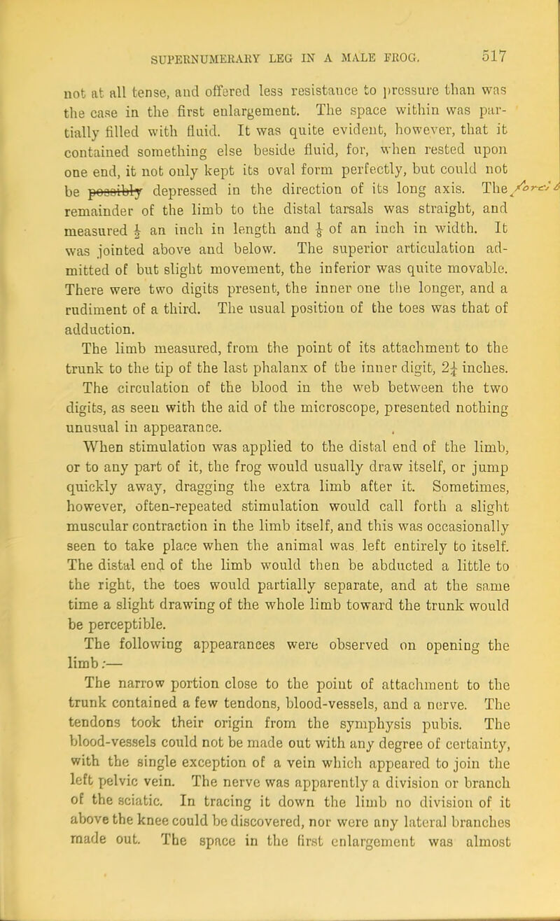 not at all tense, and offered less resistance to pressure than was the case in the first enlargement. The space within was par- tially filled with fluid. It was quite evident, however, that it contained something else beside fluid, for, when rested upon one end, it not only kept its oval form perfectly, but could not be poaoibly depressed in the direction of its long axis. The/* remainder of the limb to the distal tarsals was straight, and measured h an inch in length and £ of an inch in width. It was jointed above and below. The superior articulation ad- mitted of but slight movement, the inferior was quite movable. There were two digits present, the inner one the longer, and a rudiment of a third. The usual position of the toes was that of adduction. The limb measured, from the point of its attachment to the trunk to the tip of the last phalanx of the inner digit, 2£ inches. The circulation of the blood in the web between the two digits, as seen with the aid of the microscope, presented nothing- unusual in appearance. When stimulation was applied to the distal end of the limb, or to any part of it, the frog would usually draw itself, or jump quickly away, dragging the extra limb after it. Sometimes, however, often-repeated stimulation would call forth a slight muscular contraction in the limb itself, and this was occasionally seen to take place when the animal was left entirely to itself. The distal end of the limb would then be abducted a little to the right, the toes would partially separate, and at the same time a slight drawing of the whole limb toward the trunk would be perceptible. The following appearances were observed on opening the limb:— The narrow portion close to the point of attachment to the trunk contained a few tendons, blood-vessels, and a nerve. The tendons took their origin from the symphysis pubis. The blood-vessels could not be made out with any degree of certainty, with the single exception of a vein which appeared to join the left pelvic vein. The nerve was apparently a division or branch of the sciatic. In tracing it down the limb no division of it above the knee could be discovered, nor were any lateral branches made out. The space in the first enlargement was almost