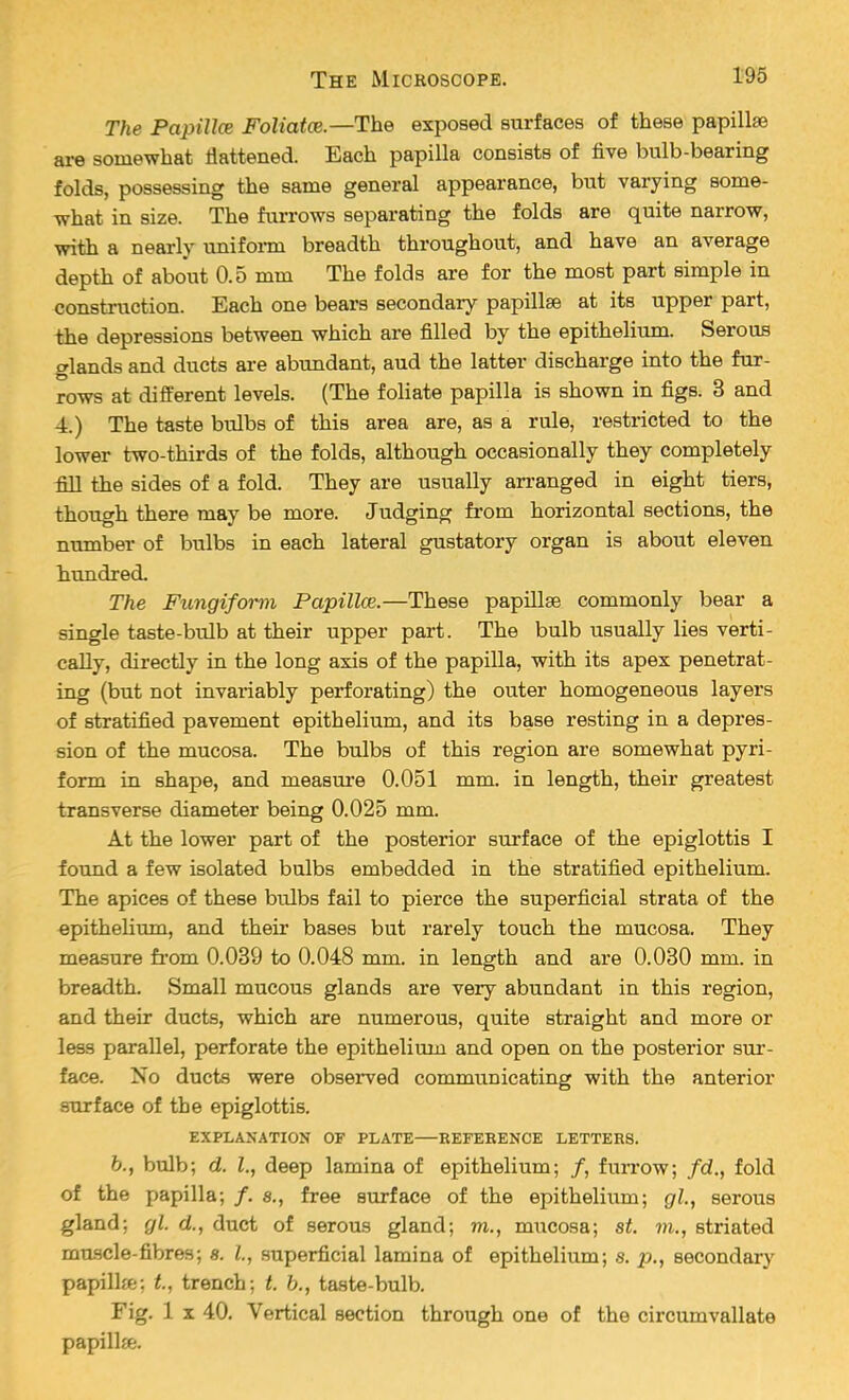 The Papillce Foliatce.—The exposed surfaces of these papillae are somewhat flattened. Each papilla consists of five bulb-bearing folds, possessing the same general appearance, but varying some- what in size. The furrows separating the folds are quite narrow, with a nearly uniform breadth throughout, and have an average depth of about 0.5 mm The folds are for the most part simple in construction. Each one bears secondary papillee at its upper part, the depressions between which are filled by the epithelium. Serous glands and ducts are abundant, aud the latter discharge into the fur- rows at different levels. (The foliate papilla is shown in figs. 3 and 4.) The taste bulbs of this area are, as a rule, restricted to the lower two-thirds of the folds, although occasionally they completely fill the sides of a fold. They are usually arranged in eight tiers, though there may be more. Judging from horizontal sections, the number of bulbs in each lateral gustatory organ is about eleven hundred. The Fungiform Papillae.—These papillae commonly bear a single taste-bulb at their upper part. The bulb usually lies verti- cally, directly in the long axis of the papilla, with its apex penetrat- ing (but not invariably perforating) the outer homogeneous layers of stratified pavement epithelium, and its base resting in a depres- sion of the mucosa. The bulbs of this region are somewhat pyri- form in shape, and measure 0.051 mm. in length, their greatest transverse diameter being 0.025 mm. At the lower part of the posterior surface of the epiglottis I found a few isolated bulbs embedded in the stratified epithelium. The apices of these bulbs fail to pierce the superficial strata of the epithelium, and their bases but rarely touch the mucosa. They measure from 0.039 to 0.048 mm. in length and are 0.030 mm. in breadth. Small mucous glands are very abundant in this region, and their ducts, which are numerous, quite straight and more or less parallel, perforate the epithelium and open on the posterior sur- face. No ducts were observed communicating with the anterior surface of the epiglottis. EXPLANATION OF PLATE REFERENCE LETTERS. b., bulb; d. I., deep lamina of epithelium; /, furrow; fd., fold of the papilla; /. 8., free surface of the epithelium; gl, serous gland; gl. d., duct of serous gland; m., mucosa; st. m., striated muscle-fibres; s. I, superficial lamina of epithelium; s. p., secondary papillre; t., trench; t. b., taste-bulb. Fig. 1 x 40. Vertical section through one of the circumvallate papillae.