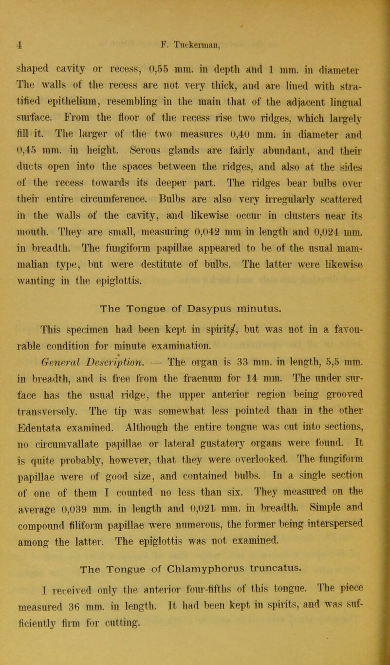 shaped canity or recess, 0,B5 mm. in depth and ] mm in diametei The walls i»l bhe recess are not very thick, and art; lined with stra- tified epithelium, resembling in the main that of the adjacent lingual surface. From the floor of the recess rise two ridges, which largely fill it. The larger of the two measures 0,40 mm. in diameter and 0,45 mm. in height. Serous glands are fairly abundant, and their ducts open into the spaces between the ridges, and also at the sides of the recess towards its deeper part. The ridges bear bulbs over their entire circumference. Bulbs are also very irregularly scattered in the walls of the cavity, and likewise occur in clusters near its mouth. They are small, measuring 0,o42 mm in length and 0>024 mm. in breadth. The fungiform papillae appeared to be of the usual mam- malian type, but were destitute of bulbs. The latter were likewi-(- Avanting in the epiglottis. The Tongue of Dasypus minutus. This specimen had been kept in spirit/, but was not in a favou- rable condition for minute examination. General Description. — The organ is 33 mm. in length, 5,5 mm. in breadth, and is free from the fraenum for 14 mm. The under sur- face has the usual ridge, the upper anterior region being grooved transversely. The tip was somewhat less pointed than in the other Edentata examined. Although the entire tongue was cut into sections, no circumvallate papillae or lateral gustatory organs were found. It is quite probably, however, that they were overlooked. The fungiform papillae were of good size, and contained bulbs. In a single section of one of them I counted no less than six. They measured on the average 0,039 mm. in length and <>,<>21 mm. in breadth. Simple and compound filiform papillae were numerous, the former being interspersed among the latter. The epiglottis was not examined. The Tongue of Chlamyphorus truncatus. I received only the anterior four-fifths of this tongue. The piece measured 36 mm. in length. It had been kept in spirits, and was suf- ficiently firm for cutting.