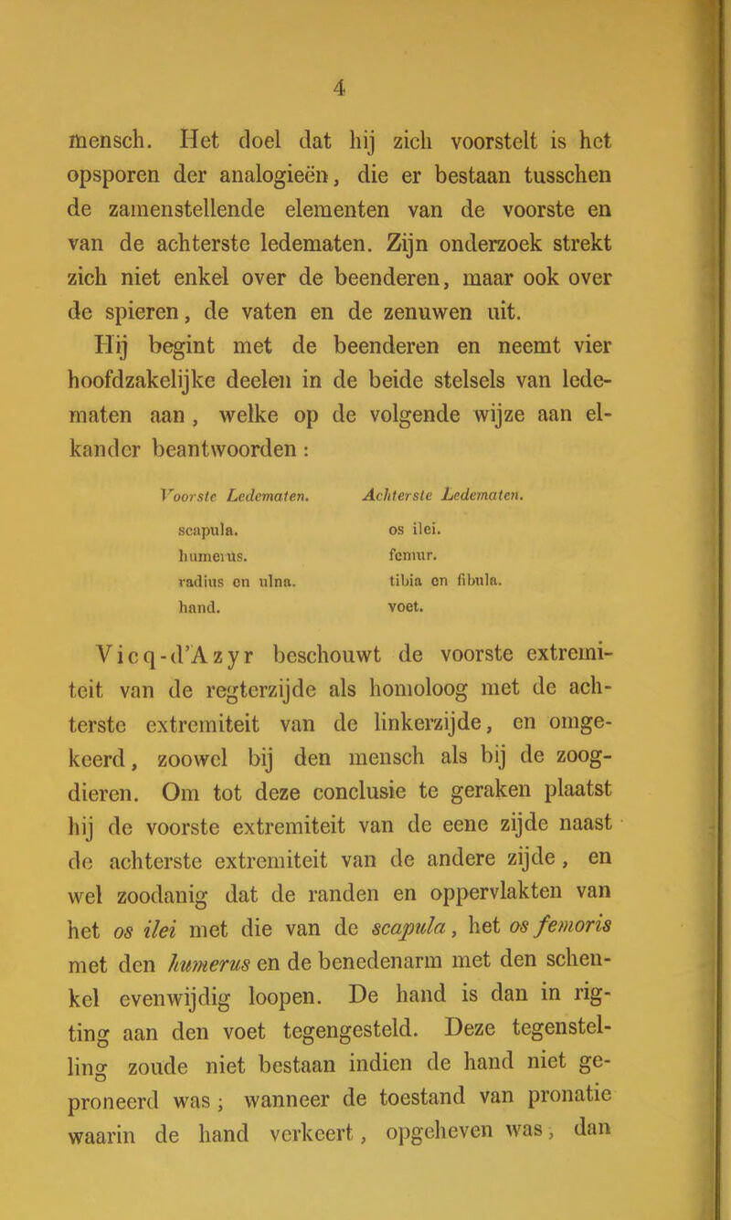 mensch. Het doel dat hij zich voorstelt is het opsporen der analogieën, die er bestaan tusschen de zamenstellende elementen van de voorste en van de achterste ledematen. Zijn onderzoek strekt zich niet enkel over de beenderen, maar ook over de spieren, de vaten en de zenuwen uit. Hij begint met de beenderen en neemt vier hoofdzakelijke deelen in de beide stelsels van lede- maten aan , welke op de volgende wijze aan el- kander beantwoorden: Voorste Ledematen. Achterste Ledematen. scapula. os ilei. humevus. fcniur. radius en ulnn. til>ia on fibula, hand. voet. Vicq-d'Azyr beschouwt de voorste extremi- teit van de regterzijde als homoloog met de ach- terste extremiteit van de linkerzijde, en omge- keerd, zoowel bij den mensch als bij de zoog- dieren. Om tot deze conclusie te geraken plaatst hij de voorste extremiteit van de eene zijde naast de achterste extremiteit van de andere zijde, en wel zoodanig dat de randen en oppervlakten van het os ilei met die van de scapula, het os femoris met den humerus en de benedenarm met den schen- kel evenwijdig loopen. De hand is dan in rig- ting aan den voet tegengesteld. Deze tegenstel- ling zoude niet bestaan indien de hand niet ge- proneerd was; wanneer de toestand van pronatic waarin de hand verkeert, opgeheven was, dan