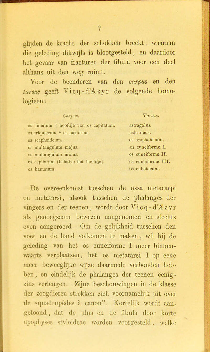 glijden de kracht der schokken breekt, waaraan die geleding dikwijls is blootgesteld, en daardoor het gevaar van fracturen der fibula voor een deel althans uit den weg ruimt. Voor de beenderen van den carpm en den tarsus geeft Vicq-d'Azyr de volgende homo- logieën : Corpus. os lunatum t hoofdje van os capitatum. os triquetrum t os pisiforme. os scaphoidcum. os multangulum majus. os multangulum minus. os capitatum (behalve het hoofdje). os hamatum. Tarsus. astragalus. calcancus. os scaphoidcum. os cuneiforme I. os cuneiforme II. os cuneiforme III. os cuboideum. De overeenkomst tusschen de ossa metacarpi en metatarsi, alsook tusschen de phalanges der vingers en der teenen, wordt door Vicq- d'Azyr als genoegzaam bewezen aangenomen en slechts even aangeroerd Om de gelijkheid tusschen den voet en de hand volkomen te maken, wil hij de geleding van het os cuneiforme I meer binnen- waarts verplaatsen, het os metatarsi I op eene meer beweeglijke wijze daarmede verbonden heb- ben , en eindelijk de phalanges der teenen eenig- zins verlengen. Zijne beschouwingen in de klasse der zoogdieren strekken zich voornamelijk uit over de //quadrupèdes a canon. Kortelijk wordt aan- getoond , dat de ulna en de fibula door korte apophyses stvloidcac worden voorgesteld, welke