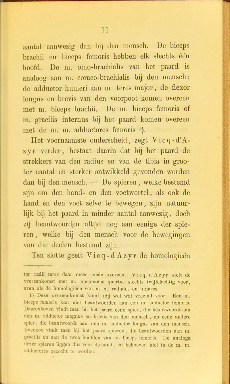 aantal aanwezig dan bij den raensch. Ue biceps brachii en biceps femoris hebben elk slechts één hoofd. De m. omo-brachialis van het paard is analoog aan m. coraco-brachialis bij den mensch; de adductor humeri aan m. teres major, de flexor longus en brevis van den voorpoot komen overeen met m. biceps brachii. De m. biceps femoris of m. gracilis internus bij het paard komen overeen met de m. m. adductores femoris '). Het voornaamste onderscheid, zegt Vicq-d'A- zyr verder, bestaat daarin dat bij het paard de strekkers van den radius en van de tibia in groo- ter aantal en sterker ontwikkeld gevonden worden dan bij den mensch. — De spieren, welke bestemd zijn om den hand- en den voetwortel, als ook de hand en den voet zelve te bewegen, zijn natuur- lijk bij het paard in minder aantal aanwezig, doch zij beantwoorden altijd nog aan eenige der spie- ren , welke bij den mensch voor de bewegingen van die deelen bestemd zijn. Ten slotte geeft Vicq-d'Azyr de homologieën tor radii tcres daar meer mede overeen. Vicq d'Azyr stelt de overeenkomst met m. anconaeus quartus slechts twijfelachtig voor, even als de homologieën van m. m. radialcs en ulnares. 1) Deze overeenkomst komt mij wel wat vreemd voor. Eon m. biceps femoris kan niet beantwoorden aan een m. adductor femoris. Daarenboven vindt men bij het paard eeno spier, die beantwoordt aan den m. adductor magnus en brovis van den mensch, en eeno andere spier, die beantwoordt aan den m. adductor longus van den mensch. Evenzoo vindt men bij bet paard spieren, die beantwoorden aan m. gracilis en aan de twee hoofden van in. biceps femoris. De analoga ■lezer -pieren liggen dus voor de hand, en behoeven niet in dc m. m. adductores gezocht te worden.