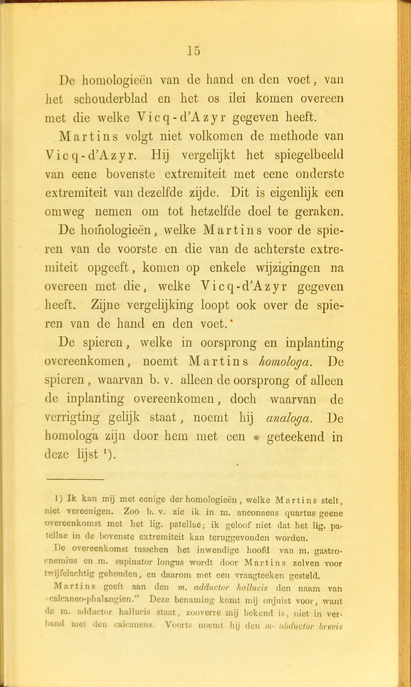 De homologieën van de hand en den voet, van het schouderblad en het os ilei komen overeen met die welke Vicq-d'Azyr gegeven heeft. Martins volgt niet volkomen de methode van Vicq-d'Azyr. Hij vergelijkt het spiegelbeeld van eene bovenste extremiteit met eene onderste extremiteit van dezelfde zijde. Dit is eigenlijk een omweg nemen om tot hetzelfde doel te geraken. De homologieën , welke M a r t i n s voor de spie- ren van de voorste en die van de achterste extre- miteit opgeeft, komen op enkele wijzigingen na overeen met die, welke Vicq-d'Azyr gegeven heeft. Zijne vergelijking loopt ook over de spie- ren van de hand en den voet.' De spieren, welke in oorsprong en inplanting overeenkomen, noemt Martins homologa. De spieren , waarvan b. v. alleen de oorsprong of alleen de inplanting overeenkomen, doch waarvan de vcrrigting gelijk staat, noemt hij analoga. De homologa zijn door hem met een * geteekend in deze lijst '). I) Ik kan mij met eenige der homologieën, welke Martins stelt, niet vereenigen. Zoo b. v. zie ik in m. anconaeus quartus geene overeenkomst met het lig. patcllae; ik geloof niet dat liet lig. pa- tcllae in de bovenste extremiteit kan teruggevonden worden. De overeenkomst tusschen het inwendige hoofd van m. gastro- enemhu en m. supinator longus wordt door Martins zeiven voor twijfelachtig gehouden, en daarom met een vraagtceken gesteld. Martins geeft aan den m. adüuctor hallucis den naam van calcanco-phalangicn.''1 Dc/.c benaming komt mij onjuist voor, want de rn. adductor hallucis stnat, zooverre mij bekend is, niet in ver- band met den caleanetu. Voorts aoeïnt hij den m- ubductor brevis