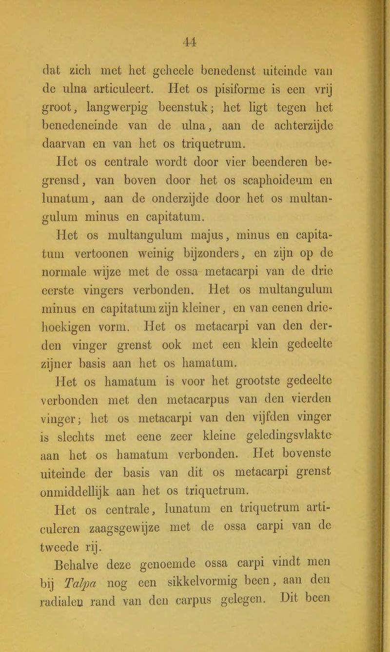 dat zich met het gcheele benedenst uiteinde van de ulna articuleert. Het os pisiforme is een vrij groot, langwerpig beenstuk; het ligt tegen het benedeneinde van de ulna, aan de achterzijde daarvan en van het os triquetrum. Het os centrale wordt door vier beenderen be- grensd, van boven door het os scaphoideum en lunatum, aan de onderzijde door het os muitan- gulum minus en capitatum. Het os multangulum majus, minus en capita- tum vertoonen weinig bijzonders, en zijn op de normale wijze met de ossa metacarpi van de drie eerste vingers verbonden, liet os multangulum minus en capitatum zijn kleiner, en van eenen drie* hoekigen vorm. Het os metacarpi van den der- den vinger grenst ook met een klein gedeelte zijner basis aan het os hamatum. Het os hamatum is voor het grootste gedeelte verbonden met den metacarpus van den vierden vinger; het os metacarpi van den vijfden vinger is slechts met eene zeer kleine geledingsvlakte aan het os hamatum verbonden. Het bovenste uiteinde der basis van dit os metacarpi grenst onmiddellijk aan het os triquetrum. Het os centrale, lunatum en triquetrum arti- culeren zaagsgewijze met de ossa carpi van de tweede rij. Behalve deze genoemde ossa carpi vindt men bij Talpa nog een sikkelvormig been, aan den radialen rand van den carpus gelegen. Dit been
