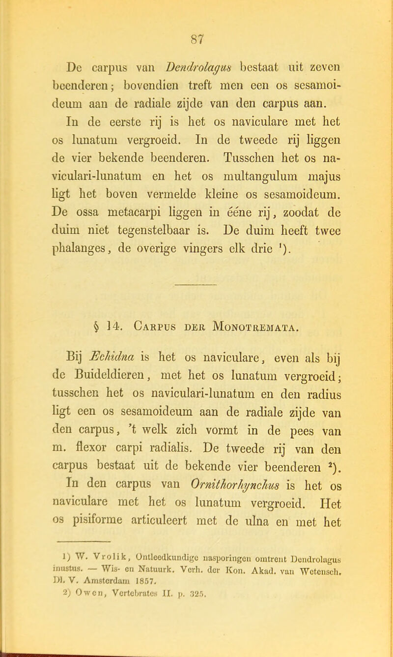 De carpus van Dendrolagus bestaat uit zeven beenderen; bovendien treft men een os sesamoi- deum aan de radiale zijde van den carpus aan. In de eerste rij is het os naviculare niet het os lunatuni vergroeid. In de tweede rij liggen de vier bekende beenderen. Tusschen het os na- viculari-lunatum en het os multangulum majus ligt het boven vermelde kleine os sesamoideum. De ossa metacarpi liggen in ééne rij, zoodat de duim niet tegenstelbaar is. De duim heeft twee phalanges, de overige vingers elk drie '). % 14. Carpus der Monotremaïa. Bij EcUdna is het os naviculare, even als bij de Buideldieren, met het os lunatuni vergroeid; tusschen het os naviculari-lunatum en den radius ligt een os sesamoideum aan de radiale zijde van den carpus, 't welk zich vormt in de pees van m. flexor carpi radialis. De tweede rij van den carpus bestaat uit de bekende vier beenderen 2). In den carpus van Omitliorhynchus is het os naviculare met het os lunatum vergroeid. Het os pisiforme articuleert met de ulna en met het 1) W. Vrolik, Ontleedkundige nasporingen omtrent DendrolagU'a inustus. — Wis- en Natuurk. Verh. der Kon. Akad. van Wctcnsch. Dit V. Amsterdam 1857. 2) O wen, Vertebraten 11. p. 325.