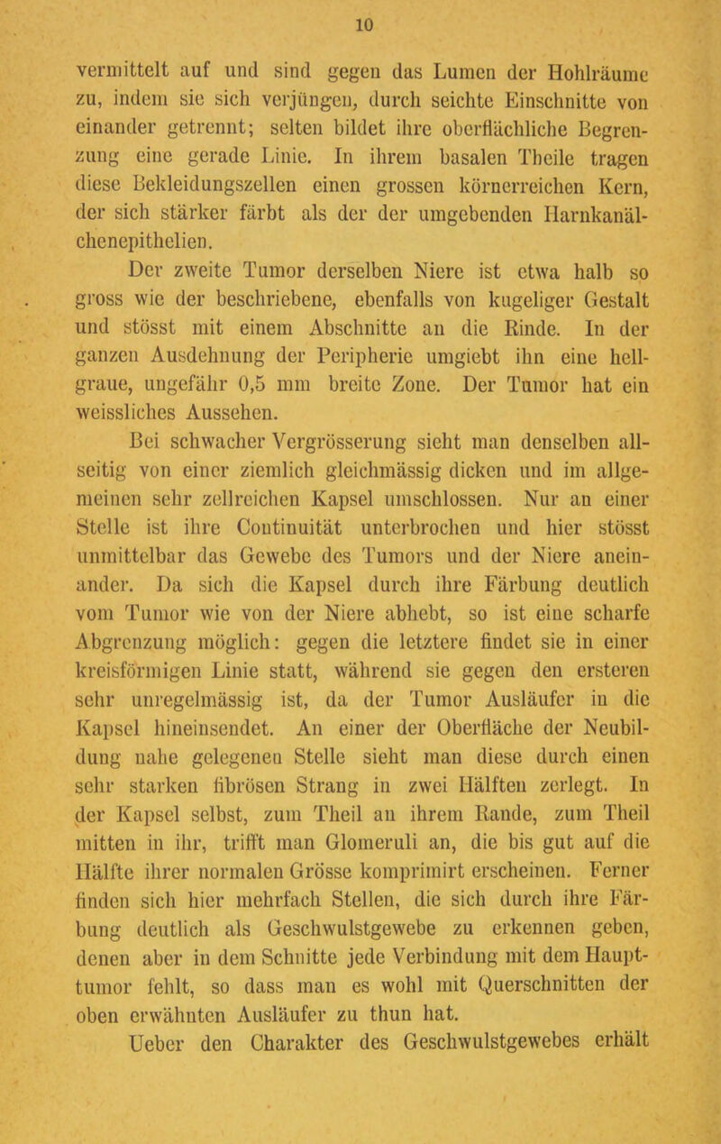 vermittelt auf und sind gegen das Lumen der Hohlräume zu, indem sie sich verjüngen, durch seichte Einschnitte von einander getrennt; selten bildet ihre oberflächliche Begren- zung eine gerade Linie. In ihrem basalen Theile tragen diese Bekleidungszellen einen grossen körnerreichen Kern, der sich stärker färbt als der der umgebenden Ilarnkanäl- chenepithelien. Der zweite Tumor derselben Niere ist etwa halb so gross wie der beschriebene, ebenfalls von kugeliger Gestalt und stösst mit einem Abschnitte an die Rinde. In der ganzen Ausdehnung der Peripherie umgiebt ihn eine hell- graue, ungefähr 0,5 mm breite Zone. Der Tumor hat ein weissliches Aussehen. Bei schwacher Vergrösserung sieht man denselben all- seitig von einer ziemlich gleichmässig dicken und im allge- meinen sehr zellreichen Kapsel umschlossen. Nur an einer Stelle ist ihre Coutinuität unterbrochen und hier stösst unmittelbar das Gewebe des Tumors und der Niere anein- ander. Da sich die Kapsel durch ihre Färbung deutlich vom Tumor wie von der Niere abhebt, so ist eine scharfe Abgrenzung möglich: gegen die letztere findet sie in einer kreisförmigen Linie statt, während sie gegen den ersteren sehr unregelmässig ist, da der Tumor Ausläufer iu die Kapsel hineinsendet. An einer der Oberfläche der Neubil- dung nahe gelegeneu Stelle sieht man diese durch einen sehr starken fibrösen Strang in zwei Hälften zerlegt. In der Kapsel selbst, zum Theil an ihrem Rande, zum Theil mitten in ihr, trifft man Glomeruli an, die bis gut auf die Hälfte ihrer normalen Grösse komprimirt erscheinen. Ferner finden sich hier mehrfach Stellen, die sich durch ihre Fär- bung deutlich als Geschwulstgewebe zu erkennen geben, denen aber in dem Schnitte jede Verbindung mit dem Haupt- tumor fehlt, so dass man es wohl mit Querschnitten der oben erwähnten Ausläufer zu thun hat. Ueber den Charakter des Geschwulstgewebes erhält