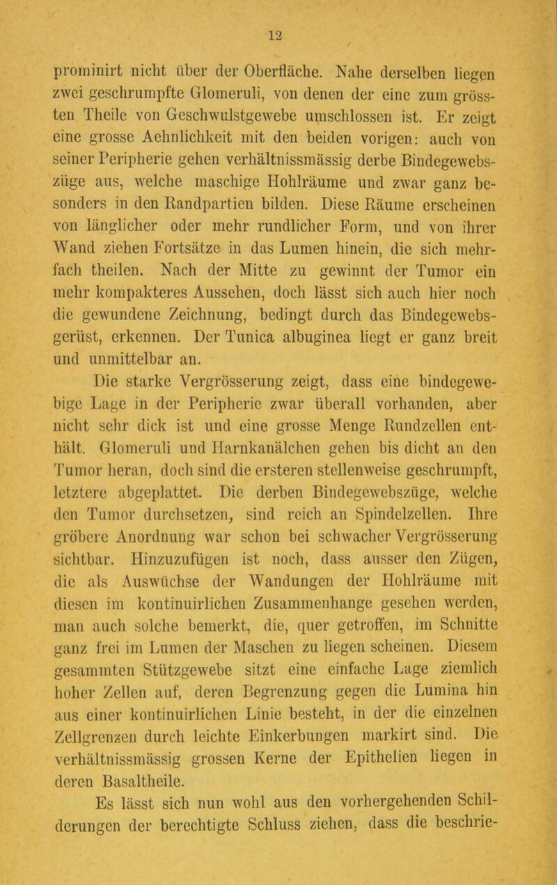 prominirt nicht über der Oberfläche. Nahe derselben liegen zwei geschrumpfte Glomeruli, von denen der eine zum gröss- ten Theile von Geschwulstgewebe umschlossen ist. Er zeigt eine grosse Aehnlichkcit mit den beiden vorigen: auch von seiner Peripherie gehen verhältuissmässig derbe Bindegewebs- züge aus, welche maschige Hohlräume und zwar ganz be- sonders in den Randpartien bilden. Diese Räume erscheinen von länglicher oder mehr rundlicher Form, und von ihrer Wand ziehen Fortsätze in das Lumen hinein, die sich mehr- fach theilcn. Nach der Mitte zu gewinnt der Tumor ein mehr kompakteres Aussehen, doch lässt sich auch hier noch die gewundene Zeichnung, bedingt durch das Bindegcwebs- gerüst, erkennen. Der Tunica albuginea liegt er ganz breit und unmittelbar an. Die starke Vergrösserung zeigt, dass eine bindegewe- bige Lage in der Peripherie zwar überall vorhanden, aber nicht sehr dick ist und eine grosse Menge Rundzellen ent- hält. Glomeruli und Harnkanälchen gehen bis dicht an den Tumor heran, doch sind die ersteren stellenweise geschrumpft, letztere abgeplattet. Die derben Bindegewebszügc, welche den Tumor durchsetzen, sind reich an Spindelzellen. Ihre gröbere Anordnung war schon bei schwacher Vergrösserung sichtbar. Hinzuzufügen ist noch, dass ausser den Zügen, die als Auswüchse der Wandungen der Hohlräume mit diesen im kontinuirlichen Zusammenhange gesehen werden, man auch solche bemerkt, die, quer getroffen, im Schnitte ganz frei im Lumen der Maschen zu liegen scheinen. Diesem gesammten Stützgewebe sitzt eine einfache Lage ziemlich hoher Zellen auf, deren Begrenzung gegen die Lumina hin aus einer kontinuirlichen Linie besteht, in der die einzelnen Zellgrenzen durch leichte Einkerbungen markirt sind. Die verhältuissmässig grossen Kerne der Epithelicn liegen in deren Basaltheile. Es lässt sich nun wohl aus den vorhergehenden Schil- derungen der berechtigte Schluss ziehen, dass die beschric-