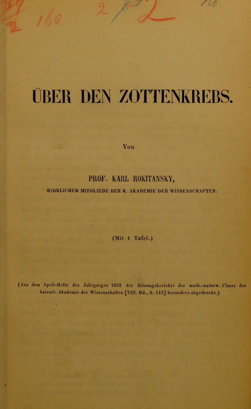 ÜBER DEN ZOTTENKREBS. Von PROF. KARL ROKITANSKY, WIRKLICHEM MITGLIEDE DER K. AKADEMIE DER WISSENSCHAFTEN. (Mit 1 Tafel.) (Aus «lein April-Hefte des Jahrganges 1832 der Sitzungsberichte der math.-nnturw. Classe der kaiserl. Akademie der Wissenschaften [VIII. Ud., S. 313] besonders uhgcdruckt.)