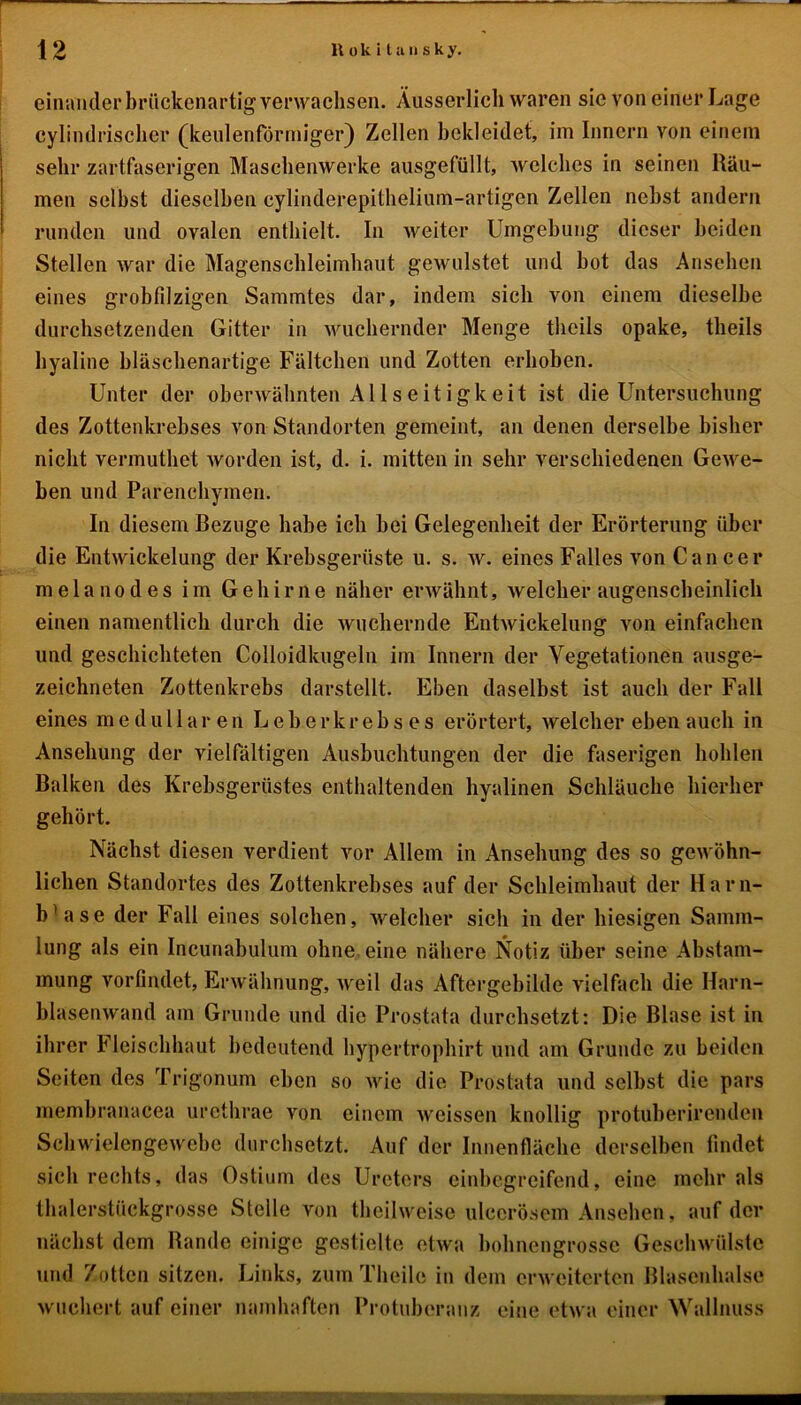 einander brückenartig verwachsen. Äusserlicli waren sie von einer Lage cylindrischer (keulenförmiger) Zellen bekleidet, im Innern von einem sehr zartfaserigen Maschenwerke ausgefüllt, welches in seinen Räu- men selbst dieselben cylinderepithelium-artigen Zellen nebst andern runden und ovalen enthielt. In weiter Umgebung dieser beiden Stellen war die Magenschleimhaut gewulstet und bot das Ansehen eines grobfilzigen Sammtes dar, indem sich von einem dieselbe durchsetzenden Gitter in wuchernder Menge thcils opake, theils hyaline bläschenartige Fältchen und Zotten erhoben. Unter der oberwähnten Allseitigkeit ist die Untersuchung des Zottenkrebses von Standorten gemeint, an denen derselbe bisher nicht vermuthet worden ist, d. i. mitten in sehr verschiedenen Gewe- ben und Parenchymen. In diesem Bezüge habe ich bei Gelegenheit der Erörterung über die Entwickelung der Krebsgerüste u. s. w. eines Falles von Cancer melanodes im Gehirne näher erwähnt, welcher augenscheinlich einen namentlich durch die wuchernde Entwickelung von einfachen und geschichteten Colloidkugeln im Innern der Vegetationen ausge- zeichneten Zottenkrebs darstellt. Eben daselbst ist auch der Fall eines medullären Leberkrebses erörtert, welcher eben auch in Ansehung der vielfältigen Ausbuchtungen der die faserigen hohlen Balken des Krebsgerüstes enthaltenden hyalinen Schläuche hierher gehört. Nächst diesen verdient vor Allem in Ansehung des so gewöhn- lichen Standortes des Zottenkrebses auf der Schleimhaut der Harn- b'ase der Fall eines solchen, welcher sich in der hiesigen Samm- lung als ein Incunabulum ohne eine nähere Notiz über seine Abstam- mung vorfindet, Erwähnung, weil das Aftergebilde vielfach die Harn- blasenwand am Grunde und die Prostata durchsetzt: Die Blase ist in ihrer Fleischhaut bedeutend hypertrophirt und am Grunde zu beiden Seiten des Trigonum eben so wie die Prostata und selbst die pars membranacea urcthrae von einem wcissen knollig protuberirenden Schwielengewebe durchsetzt. Auf der Innenfläche derselben findet sich rechts, das Ostium des Ureters einbegreifend, eine mehr als thalerstückgrosse Stelle von theilweise ulcerösem Ansehen, auf der nächst dem Bande einige gestielte etwa bohnengrosse Geschwülste und Zotten sitzen. Links, zum Theile in dem erweiterten Blasenhalse wuchert auf einer namhaften Protuberanz eine etwa einer Wallnuss