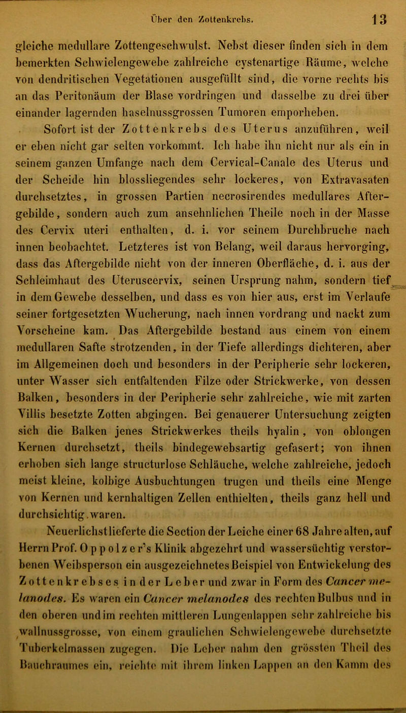 gleiche medulläre Zottengeschwulst. Nebst dieser finden sich in dem bemerkten Schwielengewebe zahlreiche cystenartige Räume, welche von dendritischen Vegetationen ausgefüllt sind, die vorne rechts bis an das Peritonäum der Blase Vordringen und dasselbe zu drei über einander lagernden haselnussgrossen Tumoren emporbeben. Sofort ist der Zottenkrebs des Uterus anzuführen, weil er eben nicht gar selten vorkommt. Ich habe ihn nicht nur als ein in seinem ganzen Umfange nach dem Cervical-Canale des Uterus und der Scheide bin blossliegendes sehr lockeres, von Extravasaten durchsetztes, in grossen Partien necrosirendes medulläres After- gebilde , sondern auch zum ansehnlichen Theile noch in der Masse des Cervix uteri enthalten, d. i. vor seinem Durchbruche nach innen beobachtet. Letzteres ist von Belang, weil daraus hervorging, dass das Aftergebilde nicht von der inneren Oberfläche, d. i. aus der Schleimhaut des Uteruscervix, seinen Ursprung nahm, sondern tief in dem Gewebe desselben, und dass es von hier aus, erst im Verlaufe seiner fortgesetzten Wucherung, nach innen vordrang und nackt zum Vorscheine kam. Das Aftergebilde bestand aus einem von einem medullären Safte strotzenden, in der Tiefe allerdings dichteren, aber im Allgemeinen doch und besonders in der Peripherie sehr lockeren, unter Wasser sich entfaltenden Filze oder Strickwerke, von dessen Balken, besonders in der Peripherie sehr zahlreiche, wie mit zarten Villis besetzte Zotten abgingen. Bei genauerer Untersuchung zeigten sich die Balken jenes Strickwerkes theils hyalin, von oblongen Kernen durchsetzt, theils bindegewebsartig gefasert; von ihnen erhoben sich lange structurlose Schläuche, welche zahlreiche, jedoch meist kleine, kolbige Ausbuchtungen trugen und theils eine Menge von Kernen und kernhaltigen Zellen enthielten, theils ganz hell und durchsichtig .waren. Neuerlichstlicferte die Section der Leiche einer 08 Jahre alten, auf Herrn Prof. 0 p p o 1 z e r’s Klinik abgezehrt und wassersüchtig verstor- benen Weibsperson ein ausgezeichnetes Beispiel von Entwickelung des Zottenkrebses in der Leber und zwar in F orm des Cancer me- lanodes. Es waren ein Cancer melanodcs des rechten Bulbus und in den oberen und im rechten mittleren Lungenlappen sehr zahlreiche bis wallnussgrosse, von einem graulichen Schwielengewebe durchsetzte Tuberkelmassen zugegen. Die Leber nahm den grössten Tlieil des Bauchraumes ein, reichte mit ihrem linken Lappen an den Kamm des