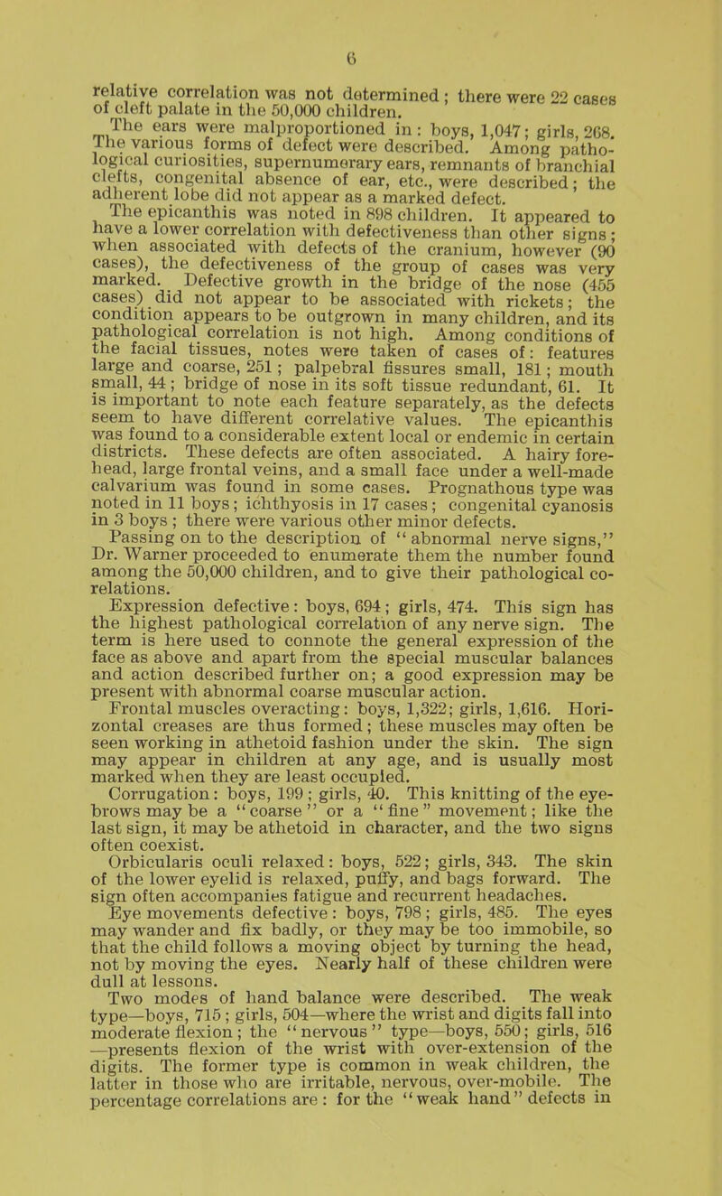 relative correlation was not determined : there were '>2 cases of cleft palate in the 50,0(X) children. The ears were malproportioned in: boys, 1,047; girls, 2G8. 1 he various forms of defect were described. Among patho- logical curiosities, supernumerary ears, remnants of branchial clefts, congenital absence of ear, etc., were described; the adherent lobe did not appear as a marked defect. The epicanthis was noted in 898 children. It appeared to have a lower correlation with defectiveness than otlier signs • when associated with defects of the cranium, however (90 cases), the defectiveness of the group of cases was very marked. Defective growth in the bridge of the nose (455 cases) did not appear to be associated with rickets; the condition appears to be outgrown in many children, and its pathological correlation is not high. Among conditions of the facial tissues, notes were taken of cases of: features large and coarse, 251; palpebral fissures small, 181; mouth small, 44; bridge of nose in its soft tissue redundant, 61. It is important to note each feature separately, as the defects seem to have different correlative values. The epicanthis was found to a considerable extent local or endemic in certain districts. These defects are often associated. A hairy fore- head, large frontal veins, and a small face under a well-made calvarium was found in some cases. Prognathous type was noted in 11 boys; ichthyosis in 17 cases ; congenital cyanosis in 3 boys ; there were various other minor defects. Passing on to the description of abnormal nerve signs, Dr. Warner proceeded to enumerate them the number found among the 50,000 children, and to give their pathological co- relations. Expression defective : boys, 694 ; girls, 474. This sign has the highest pathological correlation of any nerve sign. The term is here used to connote the general expression of the face as above and apart from the special muscular balances and action described further on; a good expression may be present with abnormal coarse muscular action. Frontal muscles overacting: boys, 1,322; girls, 1,616. Hori- zontal creases are thus formed; these muscles may often be seen working in athetoid fashion under the skin. The sign may appear in children at any age, and is usually most marked when they are least occupied. Corrugation: boys, 199 ; girls, '10. This knitting of the eye- brows may be a coarse or a fine movement; like the last sign, it may be athetoid in character, and the two signs often coexist. Orbicularis oculi relaxed: boys, 522; girls, 343. The skin of the lower eyelid is relaxed, puffy, and bags forward. The sign often accompanies fatigue and recurrent headaches. Eye movements defective : boys, 798 ; girls, 485. The eyes may wander and fix badly, or they may be too immobile, so that the child follows a moving object by turning the head, not by moving the eyes. Nearly half of these children were dull at lessons. Two modes of hand balance were described. The weak type—boys, 715 ; girls, 604—where the wrist and digits fall into moderate flexion ; the nervous type—boys, 560; girls, 516 —presents flexion of the wrist with over-extension of the digits. The former type is common in weak children, the latter in those who are irritable, nervous, over-mobile. The percentage correlations are : for the weak hand defects in