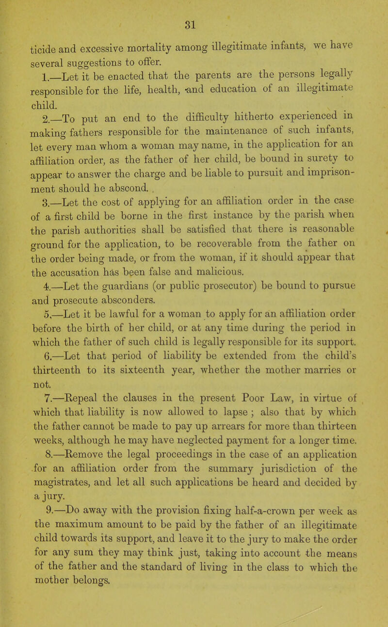 ticide and excessive mortality among illegitimate infants, we have several suggestions to offer. 1. —Let it be enacted that the parents are the persons legally responsible for the life, health, -and education of an illegitimate child. 2. To put an end to the difficulty hitherto experienced m making fathers responsible for the maintenance of such infants, let every man whom a woman may name, in the application for an affiliation order, as the father of her child, be bound in surety to appear to answer the charge and be liable to pursuit and imprison- ment should he abscond. . 3. —Let the cost of applying for an affiliation order in the case of a first child be borne in the first instance by the parish when the parish authorities shall be satisfied that there is reasonable ground for the application, to be recoverable from the father on the order being made, or from the woman, if it should appear that the accusation has been false and malicious. 4).—Let the guardians (or public prosecutor) be bound to pursue and prosecute absconders. 5. —Let it be lawful for a woman to apply for an affiliation order before the birth of her child, or at any time during the period in which the father of such child is legally responsible for its support. 6. —Let that period of liability be extended from the child's thirteenth to its sixteenth year, whether the mother marries or not. 7. —Repeal the clauses in the present Poor Law, in virtue of which that liability is now allowed to lapse ; also that by which the father cannot be made to pay up arrears for more than thirteen weeks, although he may have neglected payment for a longer time. 8. —Remove the legal proceedings in the case of an application for an affiliation order from the summary jurisdiction of the magistrates, and let all such applications be heard and decided by a jury. 9. —Do away with the provision fixing half-a-crown per week as the maximum amount to be paid by the father of an illegitimate child towards its support, and leave it to the jury to make the order for any sum they may think just, taking into account the means of the father and the standard of living in the class to which the mother belongs.