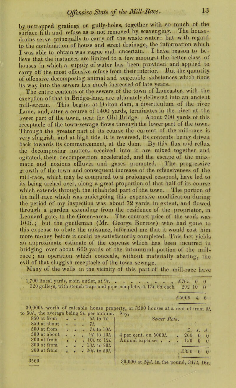 by untrapped gratings or gully-holes, together with so much of the surface filth and refuse as is not removed by scavenging. The house- drains serve principally to carry off the waste water: but with regard to the combination of house and street drainage, the infoimation which I was able to obtain was vague and uncertain. I have reason to be- lieve that the instances are limited to a few amongst the better class of houses in which a supply of water has been provided and applied to carry off the most offensive refuse from their interior. But the quantity of offensive decomposing animal and vegetable substances which finds its way into the sewers has much increased of late years. The entire contents of the sewers of the town of Lancaster, with the exception of that in Bridge-lane, are ultimately delivered into an ancient mill-stream. This begins at Dalton dam, a diverticulum of the river Lune, and, after a course of 1400 yards, terminates in the river at the lower part of the town, near the Old Bridge. About 700 yards of this receptacle of the town-sewage flows through the lower part of the town. Through the greater part of its course the current of the mill-race is very sluggish, and at high tide it is reversed, its contents being driven back towards its commencement, at the dam. By this flux and reflux the decomposing matters received into it are mixed together and agitated, their decomposition accelerated, and the escape of the mias- matic and noxious effluvia and gases promoted. The progressive growth of the town and consequent increase of the offensiveness of the mill-race, which may be compared to a prolonged cesspool, have led to its being arched over, along a great proportion of that half of its course which extends through the inhabited part of the town. The portion of the mill-race which was undergoing this expensive modification during the period of my inspection was about 72 yards in extent, and flowed through a garden extending from the residence of the proprietor, in Leonard-gate, to the Green-area. The contract price of the work was 100/. ; but the gentleman (Mr. George Burrow) who had gone to this expense to abate the nuisance, informed me that it would cost him more money before it could be satisfactorily completed. This fact yields an approximate estimate of the expense which has been incurred iu bridging over about 600 yards of the intramural portion of the mill- race ; an operation which conceals, without materially abating, the evil of that sluggish receptacle of the town sewage. Many of the wells iu the vicinity of this part of the mill-race have 1,700 lineal yards, main outlet, at 9s £765 0 0 320 gulleys, with stench traps and pipe complete, at 17s. 6c2. each 292 10 0 £5009 4 6 30,000/. worth of rateable house property, or 3500 houses at a rent of from 52. to 502., the average being 92. per annum. Say, 850 at from • • • 52. to 72. Sewer Rate. 850 at about • • s 72. 500 at from 72. to 102. £. s. d. 500 at about * • • 92. to 102. 4 per cent, on 50002. . 200 0 0 300 at from • • • 102. to 122. Annual expenses , . . 150 0 0 3U0 at from • « . 132. to 207. 200 at from • • • 202. to 502. ^£350 U 0 3500 30,000 at 2Jd. in the pound, 3472. 16s