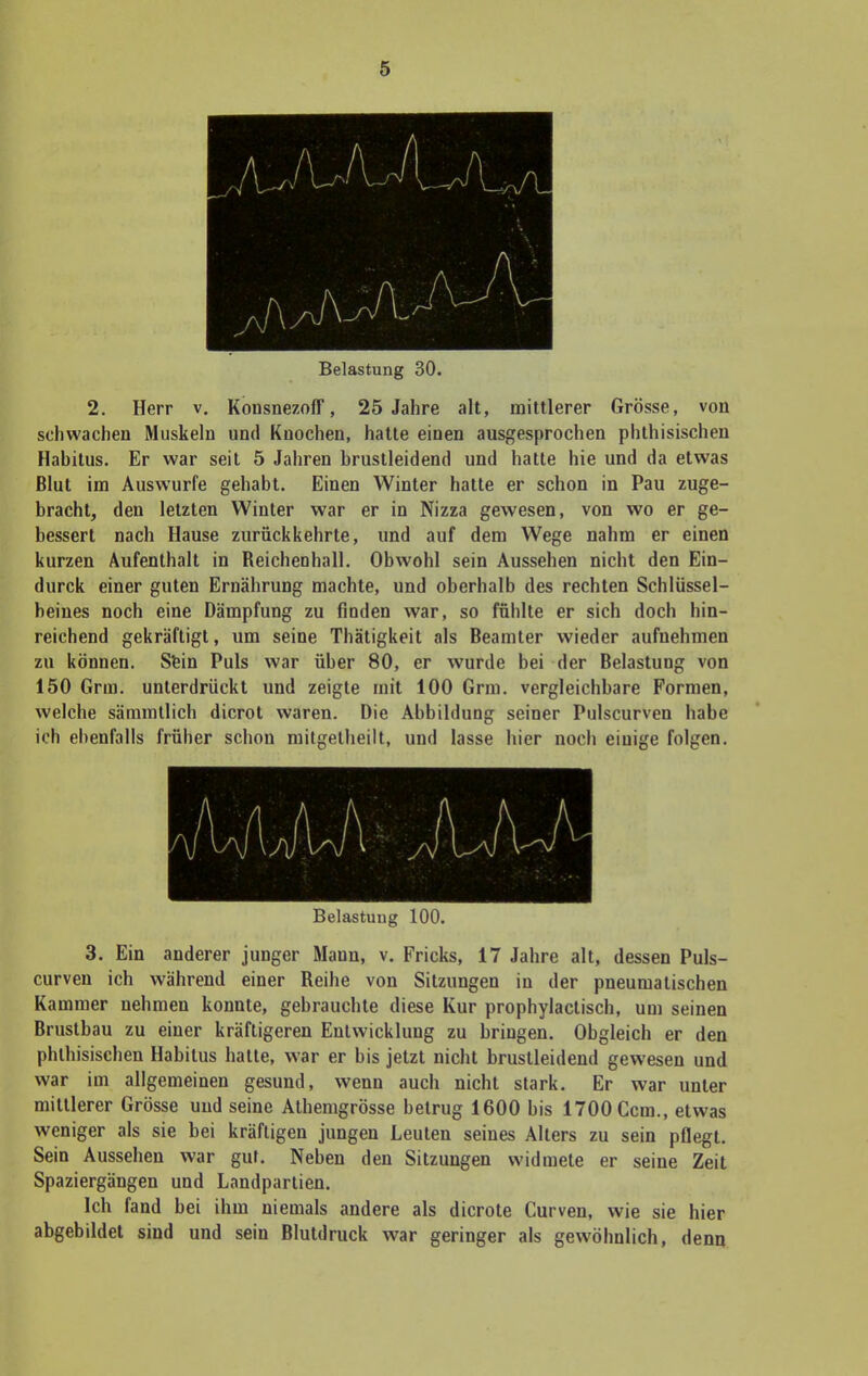 Belastung 30. 2. Herr v. Konsnezoff, 25 Jahre alt, mittlerer Grösse, von schwachen Muskeln und Knochen, hatte einen ausgesprochen phthisischen Hahitus. Er war seit 5 Jahren brustleidend und hatte hie und da etwas Blut im Auswurfe gehabt. Einen Winter hatte er schon in Pau zuge- bracht, den letzten Winter war er in Nizza gewesen, von wo er ge- bessert nach Hause zurückkehrte, und auf dem Wege nahm er einen kurzen Aufenthalt in Reichenhall. Obwohl sein Aussehen nicht den Ein- durck einer guten Ernährung machte, und oberhalb des rechten Schlüssel- beines noch eine Dämpfung zu finden war, so fühlte er sich doch hin- reichend gekräftigt, um seine Thätigkeit als Beamter wieder aufnehmen zu können. Sein Puls war über 80, er wurde bei der Belastung von 150 Grm. unterdrückt und zeigte mit 100 Grm. vergleichbare Formen, welche sämmtlich dicrot waren. Die Abbildung seiner Pulscurven habe ich ebenfalls früher schon mitgetheilt, und lasse hier noch einige folgen. Belastung 100. 3. Ein anderer junger Mauu, v. Fricks, 17 Jahre alt, dessen Puls- curven ich während einer Reihe von Sitzungen in der pneumalischen Kammer nehmen konnte, gebrauchte diese Kur prophylactisch, um seinen Brustbau zu einer kräftigeren Entwicklung zu bringen. Obgleich er den phlhisischen Habitus hatte, war er bis jetzt nicht brustleidend gewesen und war im allgemeinen gesund, wenn auch nicht stark. Er war unter mittlerer Grösse und seine Athemgrösse betrug 1600 bis 1700 Ccm., etwas weniger als sie bei kräftigen jungen Leuten seines Alters zu sein pflegt. Sein Aussehen war gut. Neben den Sitzungen widmete er seine Zeit Spaziergängen und Landpartien. Ich fand bei ihm niemals andere als dicrote Curven, wie sie hier abgebildet sind und sein Blutdruck war geringer als gewöhnlich, denn