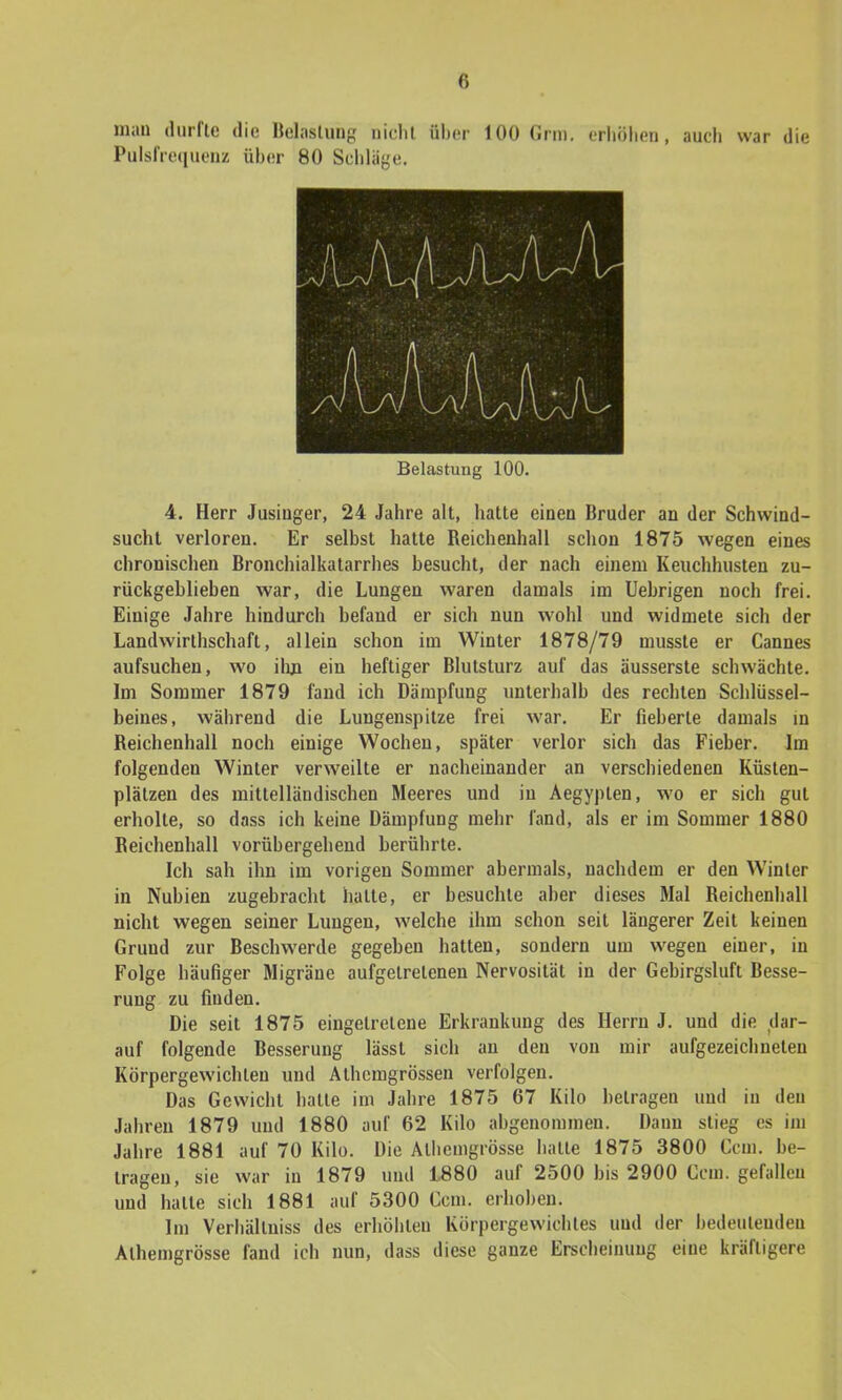 mau durfte die Belastung nieht über 100 Gnu. erhöhen, auch war die Pulsfrequenz über 80 Schläge Belastung 100. 4. Herr Jusiuger, 24 Jahre alt, hatte einen Bruder an der Schwind- sucht verloren. Er selbst hatte Beichenhall schon 1875 wegen eines chronischen Bronchialkatarrhes besucht, der nach einem Keuchhusten zu- rückgeblieben war, die Lungen waren damals im Uebrigen noch frei. Einige Jahre hindurch befand er sich nun wohl und widmete sich der Landwirtschaft, allein schon im Winter 1878/79 musste er Cannes aufsuchen, wo ihn ein heftiger Blutsturz auf das äusserste schwächte. Im Sommer 1879 fand ich Dämpfung unterhalb des rechten Schlüssel- beines, während die Lungenspitze frei war. Er fieberte damals in Beichenhall noch einige Wochen, später verlor sich das Fieber. Im folgenden Winter verweilte er nacheinander an verschiedenen Küsten- plälzen des mittelländischen Meeres und in Aegypten, wo er sich gut erholte, so dass ich keine Dämpfung mehr fand, als er im Sommer 1880 Beichenhall vorübergehend berührte. Ich sah ihn im vorigen Sommer abermals, nachdem er den Winter in Nubien zugebracht hatte, er besuchte aber dieses Mal Beichenhall nicht wegen seiner Lungen, welche ihm schon seit längerer Zeit keinen Gruud zur Beschwerde gegeben hatten, sondern um wegen einer, in Folge häufiger Migräne aufgetretenen Nervosität in der Gebirgsluft Besse- rung zu finden. Die seit 1875 eingetretene Erkrankung des Herrn J. und die dar- auf folgende Besserung lässt sich an den von mir aufgezeichneten Körpergewichten und Athcmgrössen verfolgen. Das Gewicht hatte im Jahre 1875 67 Kilo betragen und in den Jahren 1879 und 1880 auf 62 Kilo abgenommen. Dann stieg es im Jahre 1881 auf 70 Kilo. Die Allicmgrösse hatte 1875 3800 Com. be- tragen, sie war in 1879 und 1880 auf 2500 bis 2900 Gern, gefallen und halle sich 1881 auf 5300 Gem. erhoben. Im Verhälluiss des erhöhten Körpergewichtes und der bedeutenden Athemgrösse fand ich nun, dass diese ganze Erscheinung eine kräftigere
