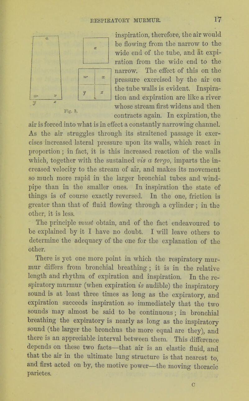 inspiration, therefore, the air would be flowing from the narrow to the wide end of the tube, and at expi- ration from the wide end to the narrow. The effect of this on the pressure exercised by the air on the tube walls is evident. Inspira- tion and expiration are like a river whose stream first widens and then contracts again. In expiration, the air is forced into what is in effect a constantly narrowing channel. As the air struggles through its straitened passage it exer- cises increased lateral pressure upon its walls, which react in proportion; in fact, it is this increased reaction of the walls which, together with the sustained vis a tergo, imparts the in- creased velocity to the stream of air, and makes its movement so much more rapid in the larger bronchial tubes and wind- pipe than in the smaller ones. In inspiration the state of things is of course exactly reversed. In the one, friction is greater than that of fluid flowing through a cylinder ; in the other, it is less. The principle 7nust obtain, and of the fact endeavoured to be explained by it I have no doubt. I will leave others to determine the adequacy of the one for the explanation of the other. There is yet one more point in which the respiratory mur- mur differs from bronchial breathing ; it is in the relative length and rhythm of expiration and inspiration. In the re- spiratory murmur (when expiration is audible) the inspiratory sound is at least three times as long as the expiratory, and expiration succeeds inspiration so immediately that the two sounds may almost be said to be continuous; in bronchial breathing the expiratory is nearly as long as the inspiratory sound (the larger the bronchus the more equal are they), and there is an appreciable interval between them. This difference depends on these two facts—that air is an elastic fluid, and that the air in the ultimate lung structure is that nearest to, and first acted on by, the motive power—the moving thoracic parietes. c a 1 i x