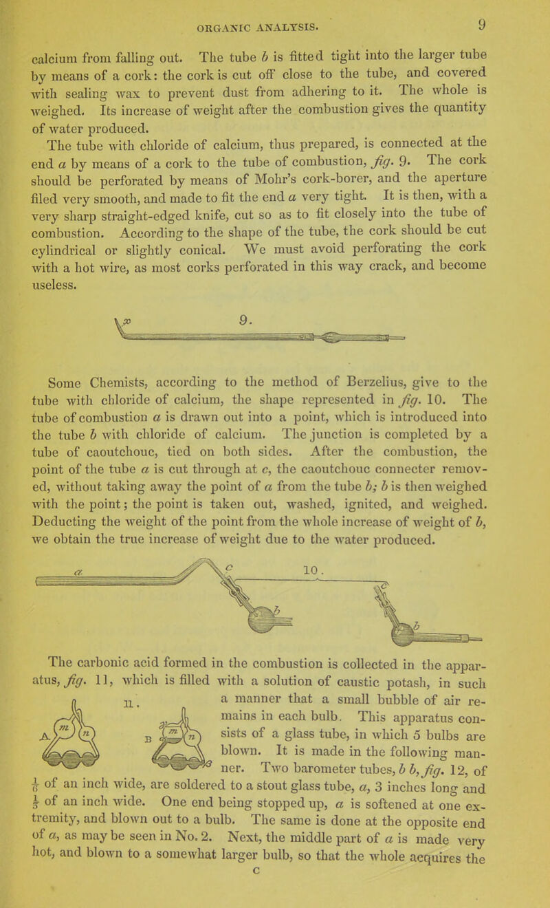 calcium from falling out. The tube b is fitted tight into the larger tube by means of a cork: the cork is cut off close to the tube, and covered with sealing wax to prevent dust from adhering to it. The whole is weighed. Its increase of weight after the combustion gives the quantity of water produced. The tube with chloride of calcium, thus prepared, is connected at the end a by means of a cork to the tube of combustion, fig. 9- The cork should be perforated by means of Mohr's cork-borer, and the aperture filed very smooth, and made to fit the end a very tight. It is then, with a very sharp straight-edged knife, cut so as to fit closely into the tube of combustion. According to the shape of the tube, the cork should be cut cylindrical or slightly conical. We must avoid perforating the cork with a hot wire, as most corks perforated in this way crack, and become useless. Some Chemists, according to the method of Berzelius, give to the tube with chloride of calcium, the shape represented in fi'g. 10. The tube of combustion a is drawn out into a point, which is introduced into the tube b with chloride of calcium. The junction is completed by a tube of caoutchouc, tied on both sides. After the combustion, the point of the tube a is cut through at c, the caoutchouc connecter remov- ed, without taking away the point of a from the tube b; b is then weighed with the point; the point is taken out, washed, ignited, and weighed. Deducting the weight of the point from the whole increase of weight of b, we obtain the true increase of weight due to the water produced. 11 The carbonic acid formed in the combustion is collected in the appar- atus, y?*;. II, which is filled with a solution of caustic potash, in such a manner that a small bubble of air re- mains in each bulb. This apparatus con- sists of a glass tube, in which 5 bulbs are blown. It is made in the following man- ner. Two barometer tubes, b b,fig. 12, of i of an inch wide, are soldered to a stout glass tube, a, 3 inches long and \ of an inch wide. One end being stopped up, a is softened at one ex- tremity, and blown out to a bulb. The same is done at the opposite end of ce, as may be seen in No. 2. Next, the middle part of a is made very hot, and blown to a somewhat larger bulb, so that the whole acquires the