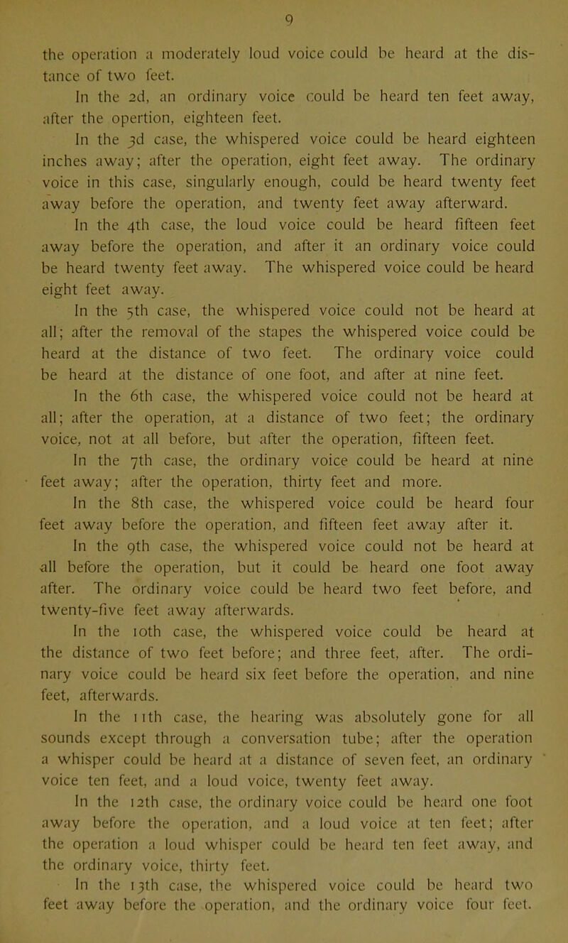 the operation a moderately loud voice could be heard at the dis- tance of two feet. in the 2d, an ordinary voice could be heard ten feet away, after the opertion, eighteen feet. In the 3d case, the whispered voice could be heard eighteen inches away; after the operation, eight feet away. The ordinary voice in this case, singularly enough, could be heard twenty feet away before the operation, and twenty feet away afterward. In the 4th case, the loud voice could be heard fifteen feet away before the operation, and after it an ordinary voice could be heard twenty feet away. The whispered voice could be heard eight feet away. In the 5th case, the whispered voice could not be heard at all; after the removal of the stapes the whispered voice could be heard at the distance of two feet. The ordinary voice could be heard at the distance of one foot, and after at nine feet. In the 6th case, the whispered voice could not be heard at all; after the operation, at a distance of two feet; the ordinary voice, not at all before, but after the operation, fifteen feet. In the 7th case, the ordinary voice could be heard at nine feet away; after the operation, thirty feet and more. In the 8th case, the whispered voice could be heard four feet away before the operation, and fifteen feet away after it. In the 9th case, the whispered voice could not be heard at all before the operation, but it could be heard one foot away after. The ordinary voice could be heard two feet before, and twenty-five feet away afterwards. In the loth case, the whispered voice could be heard at the distance of two feet before; and three feet, after. The ordi- nary voice could be heard six feet before the operation, and nine feet, afterwards. In the iith case, the hearing was absolutely gone for all sounds except through a conversation tube; after the operation a whisper could be heard at a distance of seven feet, an ordinary voice ten feet, and a loud voice, twenty feet away. In the 12th case, the ordinary voice could be heard one foot away before the operation, and a loud voice at ten feet; after the operation a loud whisper could be heard ten feet away, and the ordinary voice, thirty feet. In the 13th case, the whispered voice could be heard two feet away before the operation, and the ordinary voice four feet.