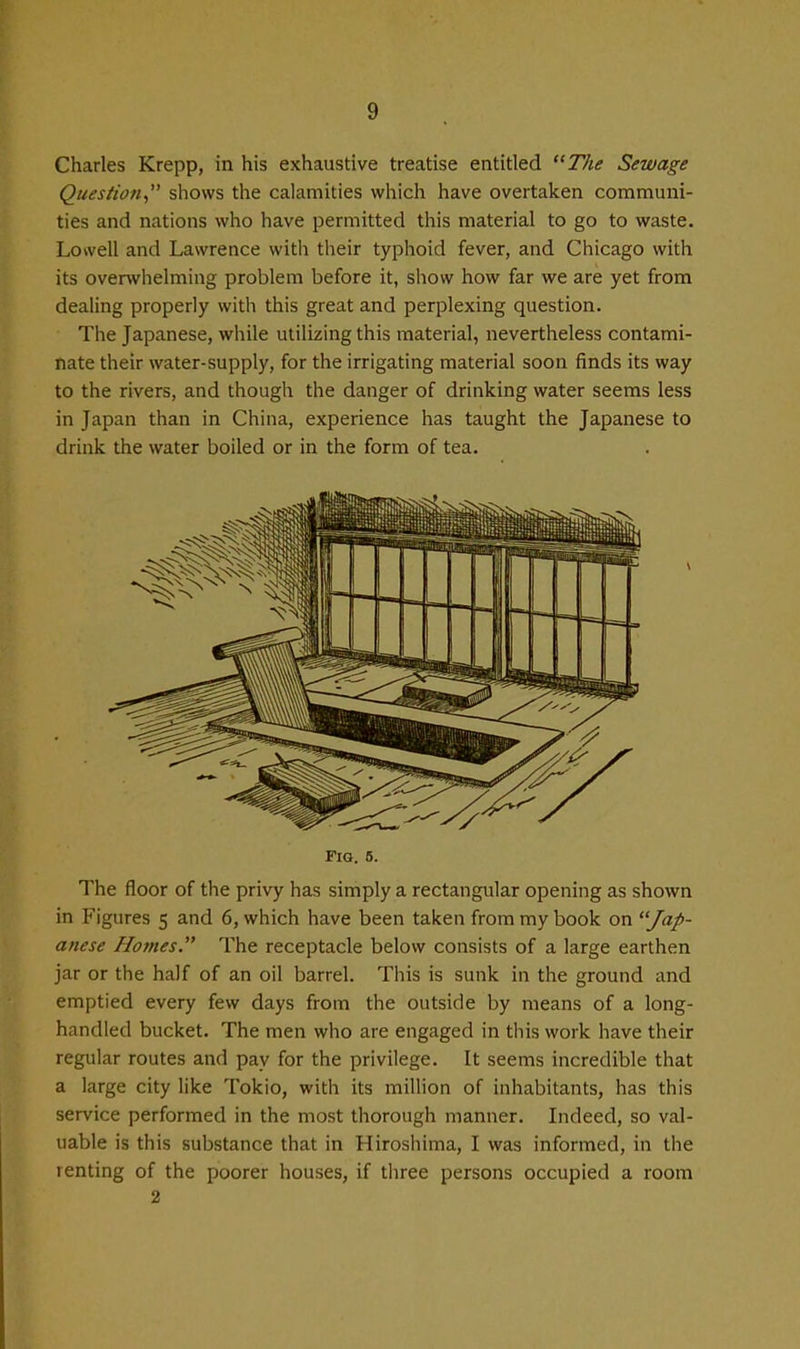 Charles Krepp, in his exhaustive treatise entitled The Sewage Question shows the calamities which have overtaken communi- ties and nations who have permitted this material to go to waste. Lowell and Lawrence witli their typhoid fever, and Chicago with its overwhelming problem before it, show how far we are yet from dealing properly with this great and perplexing question. The Japanese, while utilizing this material, nevertheless contami- nate their water-supply, for the irrigating material soon finds its way to the rivers, and though the danger of drinking water seems less in Japan than in China, experience has taught the Japanese to drink the water boiled or in the form of tea. Fig. 6. The floor of the privy has simply a rectangular opening as shown in Figures 5 and 6, which have been taken from my book on Jap- anese Homes. The receptacle below consists of a large earthen jar or the half of an oil barrel. This is sunk in the ground and emptied every few days from the outside by means of a long- handled bucket. The men who are engaged in this work have their regular routes and pay for the privilege. It seems incredible that a large city like Tokio, with its million of inhabitants, has this service performed in the most thorough manner. Indeed, so val- uable is this substance that in Hiroshima, I was informed, in the renting of the poorer houses, if three persons occupied a room 2