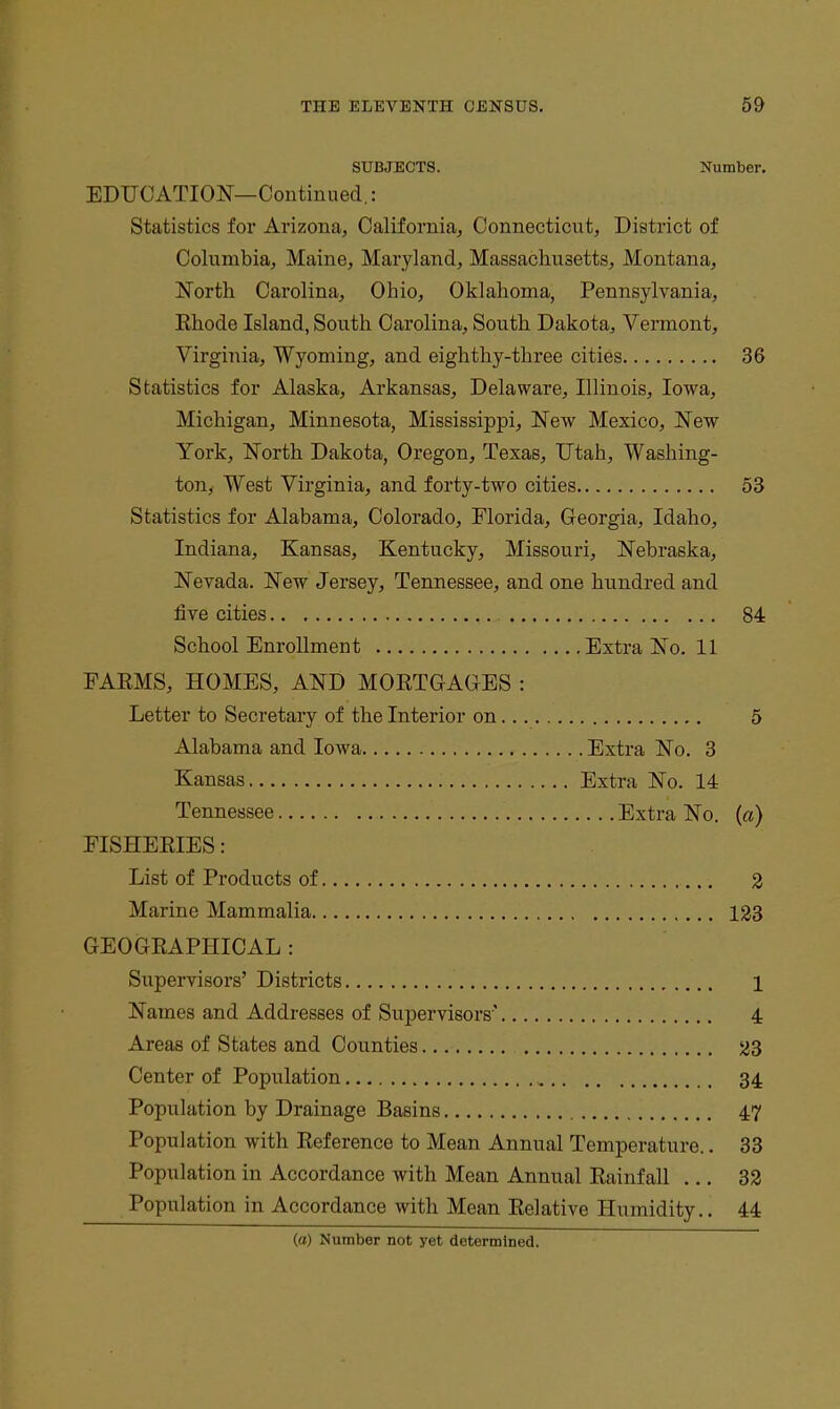 SUBJECTS. Number, EDUCATION—Continued.: Statistics for Arizona, California, Connecticut, District of Columbia, Maine, Maryland, Massachusetts, Montana, North Carolina, Ohio, Oklahoma, Pennsylvania, Ehode Island, South Carolina, South Dakota, Vermont, Virginia, Wyoming, and eighthy-three cities 36 Statistics for Alaska, Arkansas, Delaware, Illinois, Iowa, Michigan, Minnesota, Mississippi, New Mexico, New York, North Dakota, Oregon, Texas, Utah, Washing- ton, West Virginia, and forty-two cities 53 Statistics for Alabama, Colorado, Florida, Georgia, Idaho, Indiana, Kansas, Kentucky, Missouri, Nebraska, Nevada. New Jersey, Tennessee, and one hundred and live cities 84 School Enrollment Extra No. 11 EAEMS, HOMES, AND MOETGAGES : Letter to Secretary of the Interior on 5 Alabama and Iowa Extra No. 3 Kansas Extra No. 14 Tennessee Extra No. {a) FISHERIES: List of Products of 2 Marine Mammalia 123 GEOGRAPHICAL : Supervisors' Districts 1 Names and Addresses of Supervisors' 4 Areas of States and Counties 23 Center of Population 34 Population by Drainage Basins 4.7 Population with Reference to Mean Annual Temperature.. 33 Population in Accordance with Mean Annual Rainfall ... 32 Population in Accordance with Mean Relative Humidity.. 44