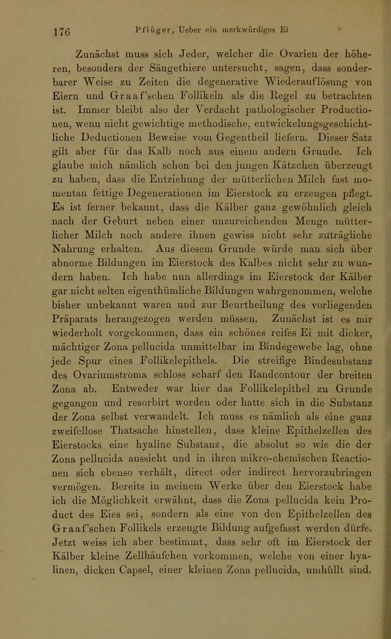 Zunächst muss sich Jeder, welcher die Ovarien der höhe- ren, besonders der Säugethiere untersucht, sagen, dass sonder- barer Weise zu Zeiten die degenerative Wiederauflösung von Eiern und Graafschen Follikeln als die Regel zu betrachten ist. Immer bleibt also der Verdacht pathologischer Productio- nen, wenn nicht gewichtige methodische, entwickeluugsgeschicht- liche Deductionen Beweise vom Gegentheil liefern. Dieser Satz gilt aber für das Kalb noch aus einem andern Grunde. Ich glaube mich nämlich schon bei den jungen Kätzchen überzeugt zu haben, dass die Entziehung der mütterlichen Milch fast mo- mentan fettige Degenerationen im Eierstock zu erzeugen pflegt. Es ist ferner bekannt, dass die Kälber ganz gewöhnlich gleich nach der Geburt neben einer unzureichenden Menge mütter- licher Milch noch andere ihnen gewiss nicht sehr zuträgliche Nahrung erhalten. Aus diesem Grunde würde man. sich über abnorme Bildungen im Eierstock des Kalbes nicht sehr zu wun- dern haben. Ich habe nun allerdings im Eierstock der Kälber gar nicht selten eigenthümliche Bildungen wahrgenommen, welche bisher unbekannt waren und zur Beurtheilung des vorliegenden Präparats herangezogen werden müssen. Zunächst ist es mir wiederholt vorgekommen, dass ein schönes reifes Ei mit dicker, mächtiger Zona pellucida unmittelbar im Bindegewebe lag, ohne jede Spul' eines Follikelepithels. Die streifige Bindesubstanz des Ovariumstroma schloss scharf den Randcontour der breiten Zona ab. Entweder war hier das Follikelepithel zu Grunde gegangen und resorbirt worden oder hatte sich in die Substanz der Zona selbst verwandelt. Ich muss es nämlich als eine ganz zweifellose Thatsache hinstellen, dass kleine Epithelzellen des Eierstocks eine hyaline Substanz, die absolut so wie die der Zona pellucida aussieht und in ihren mikro-chemischen Reactio- nen sich ebenso verhält, direct oder indirect hervorzubringen vermögen. Bereits in meinem Werke über den Eierstock habe ich die Möglichkeit erwähnt, dass die Zona pellucida kein Pro- duct des Eies sei, sondern als eine von den Epithelzellen des Graafschen Follikels erzeugte Bildung aufgefasst werden dürfe. Jetzt weiss ich aber bestimmt, dass sehr oft im Eierstock der Kälber kleine Zellhäufcheu vorkommen, welche von einer hya- linen, dicken Capsel, einer kleinen Zona pellucida, umhüllt sind.
