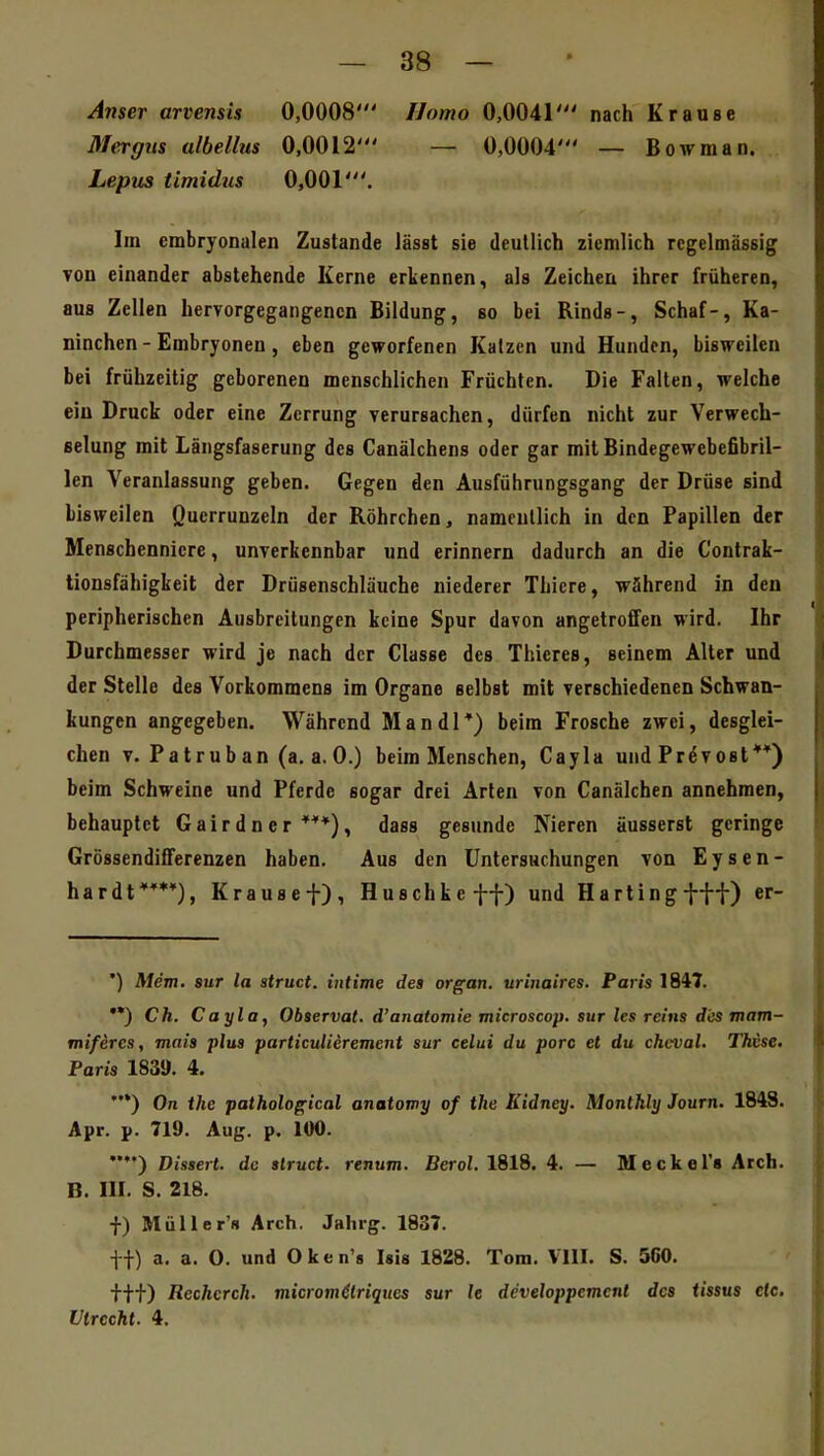 Anser arvensis 0,0008' I/omo 0,0041' nach Krause Mergiis ulbellus 0,0012' — 0,0004' — Bowman. Lepus timidus 0,001'. Im embryonalen Zustande lässt sie deutlich ziemlich regelmässig von einander abstehende Kerne erkennen, als Zeichen ihrer früheren, aus Zellen hervorgegangenen Bildung, so bei Rinds-, Schaf-, Ka- ninchen-Embryonen, eben geworfenen Katzen und Hunden, bisweilen bei frühzeitig geborenen menschlichen Früchten. Die Falten, welche ein Druck oder eine Zerrung verursachen, dürfen nicht zur Verwech- selung mit Längsfaserung des Canälchens oder gar mit Bindegewebefibril- len Veranlassung geben. Gegen den Äusführungsgang der Drüse sind bisweilen Querrunzeln der Röhrchen, namentlich in den Papillen der Menschennicre, unverkennbar und erinnern dadurch an die Contrak- tionsfähigkeit der Drüsenschläuche niederer Thiere, während in den peripherischen Ausbreitungen keine Spur davon angetroffen wird. Ihr Durchmesser wird je nach der Classe des Thieres, seinem Alter und der Stelle des Vorkommens im Organe selbst mit verschiedenen Schwan- kungen angegeben. Während Mandl*) beim Frosche zwei, desglei- chen V. Patrub an (a. a. 0.) beim Menschen, Cayla und Pr^vost**) beim Schweine und Pferde sogar drei Arten von Canälchen annehmen, behauptet Gairdncr ***), dass gesunde Nieren äusserst geringe GrössendifTerenzen haben. Aus den Untersuchungen von Eysen- hardt****), Krausef), Huschkeff) und Hartingfft) er- *) Mem. 8ur la struct. intime des organ. urinaires. Paris 1847. •*) Ch. Cayla, Obaervat. d'anatomie microscop. sur les reins des mam- mifercs, mais plus particulierement sur celui du porc et du chcval. TMse. Paris 1839. 4. *) On the pathological anatowy of the Kidney. Monthly Journ. 1848. Apr. p. 719. Aug. p, 100. Dissert. de atruct. renum. ßerol. 1818. 4. — Meckel« Arch. B. III. S. 218. f) Müller'« Arch. Jahrg. 1837. ff) a. a. 0. und Oken's Isis 1828. Tom. Vlll. S. 560. ttf) Rechercli. micromdlriqtics sur le developpemcnt des tissus etc. Utrecht. 4.